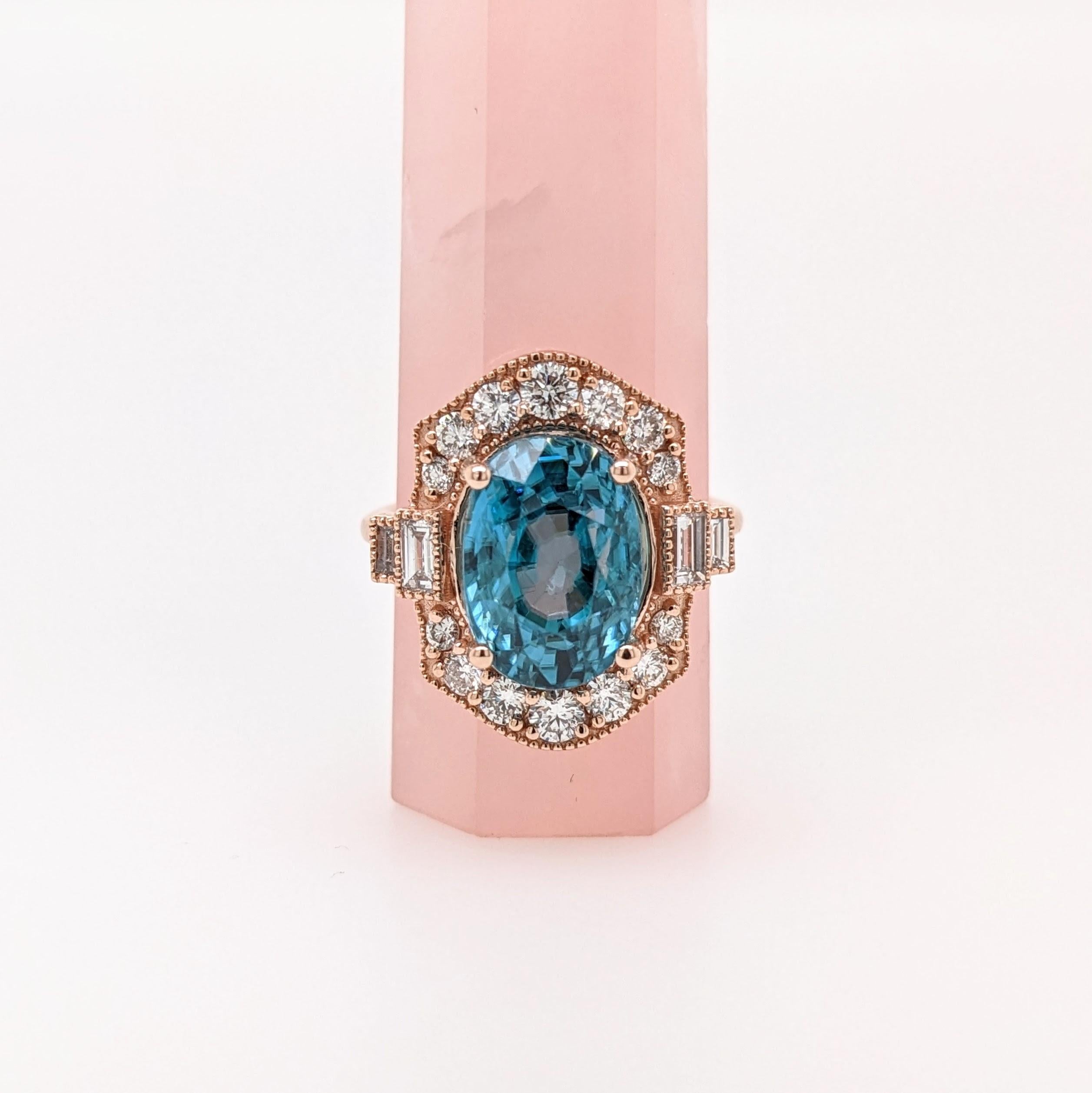 Modern 9.4ct Blue Zircon Ring w Earth Mined Diamonds in Solid 14K Rose Gold Oval 12x10 For Sale