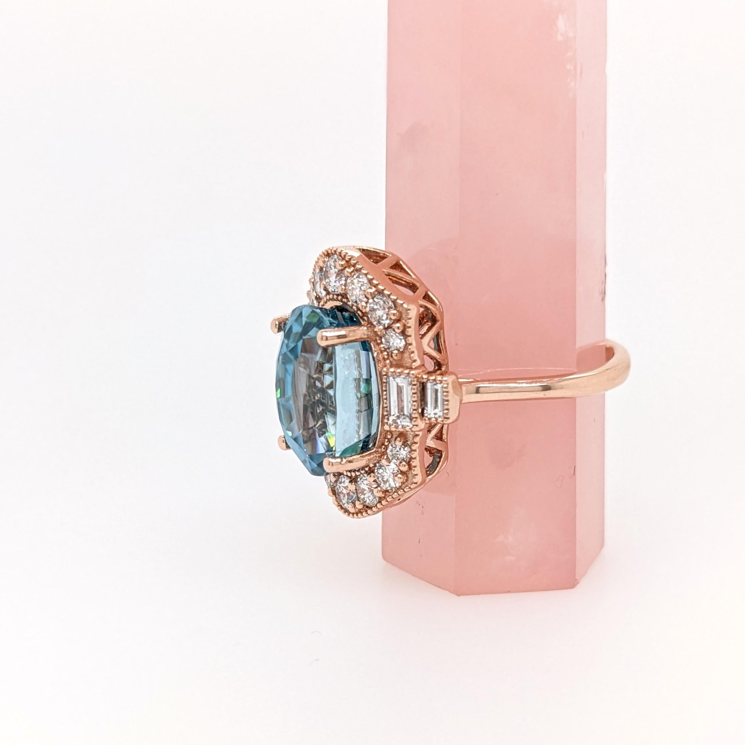 Oval Cut 9.4ct Blue Zircon Ring w Earth Mined Diamonds in Solid 14K Rose Gold Oval 12x10 For Sale
