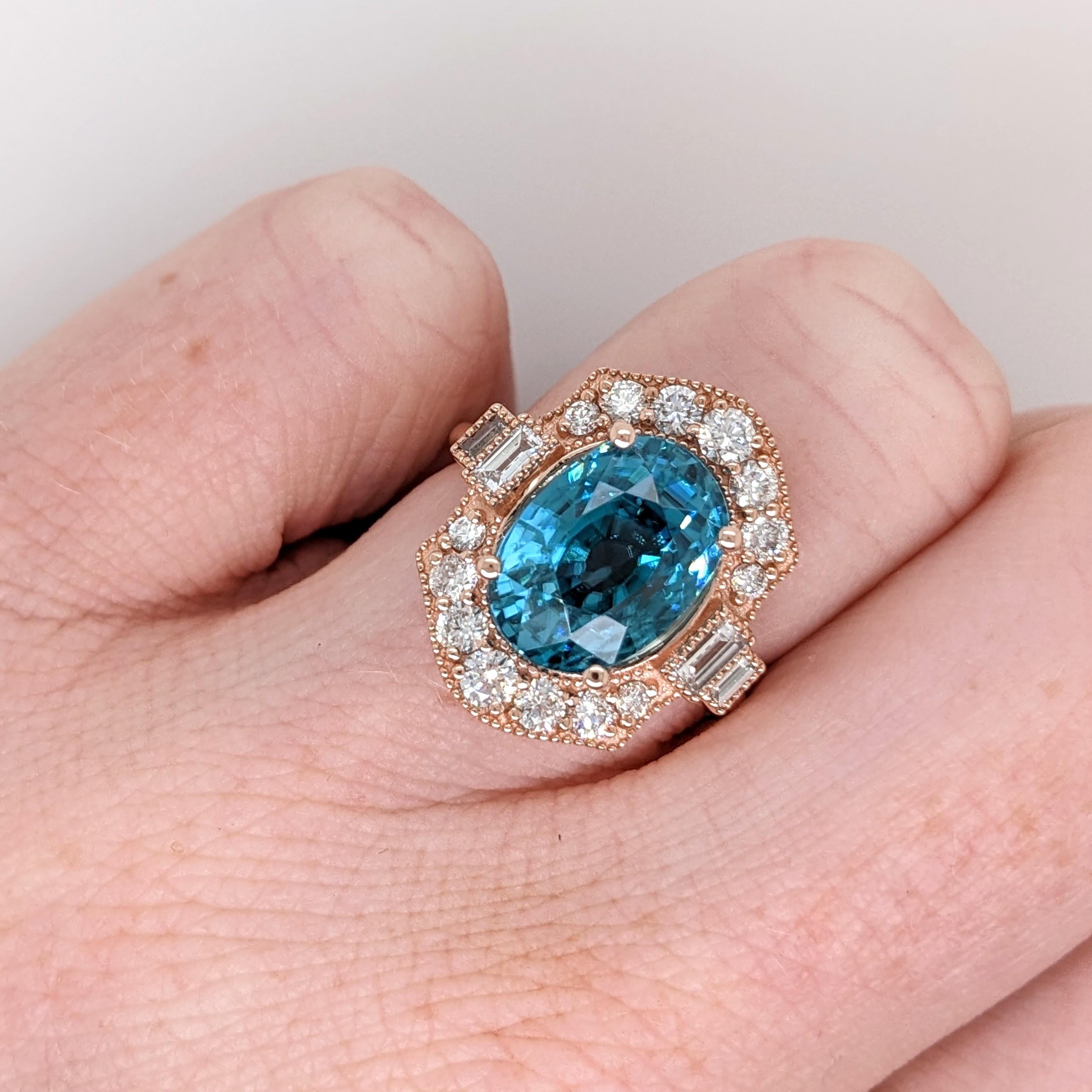 9.4ct Blue Zircon Ring w Earth Mined Diamonds in Solid 14K Rose Gold Oval 12x10 In New Condition For Sale In Columbus, OH