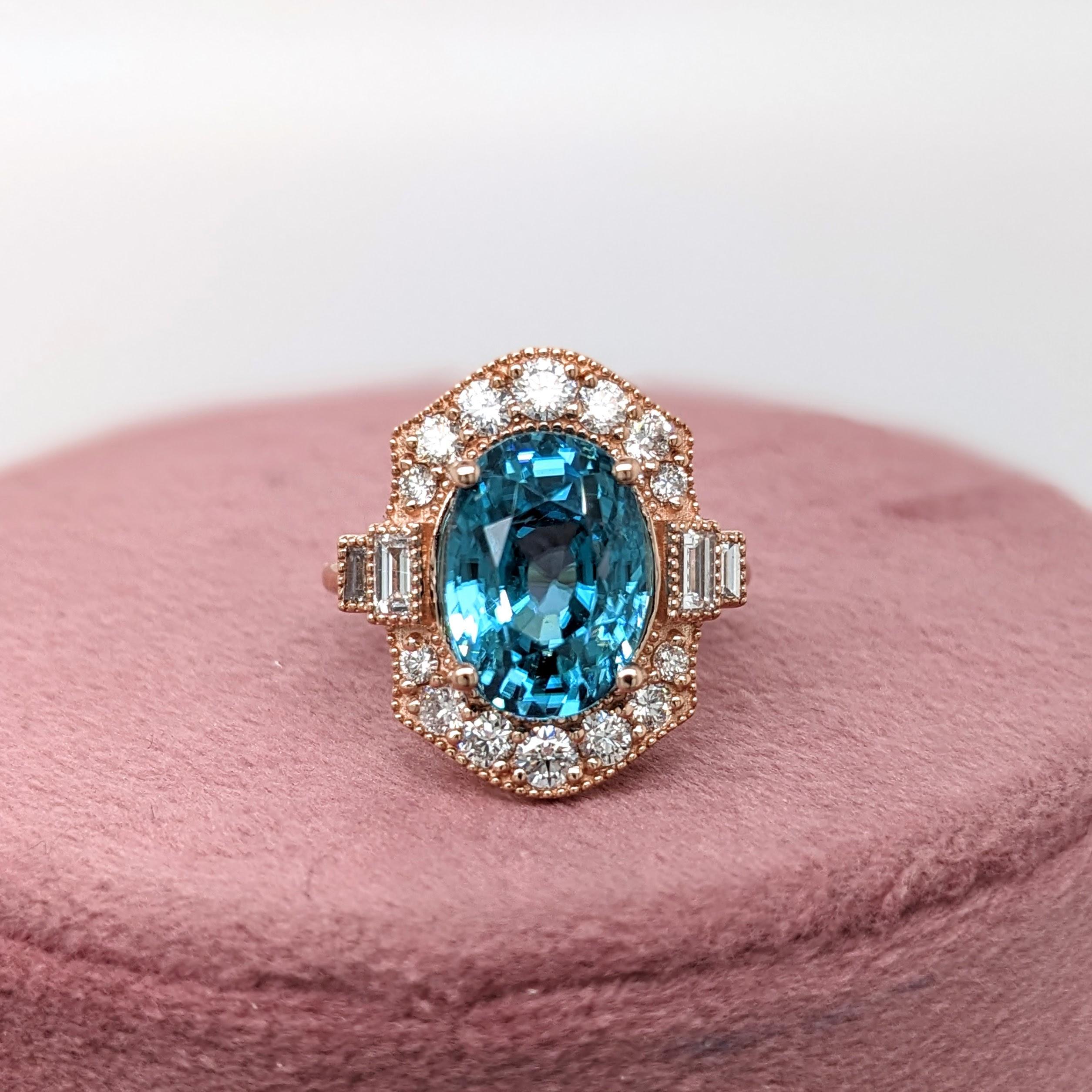 9.4ct Blue Zircon Ring w Earth Mined Diamonds in Solid 14K Rose Gold Oval 12x10 For Sale 1