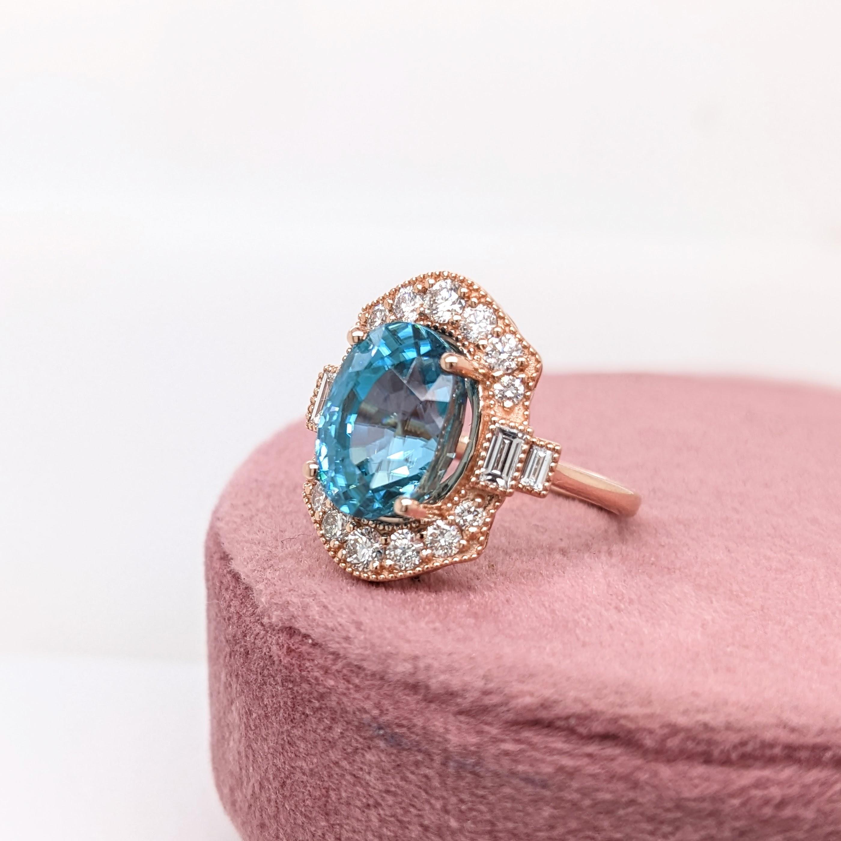 9.4ct Blue Zircon Ring w Earth Mined Diamonds in Solid 14K Rose Gold Oval 12x10 For Sale 2