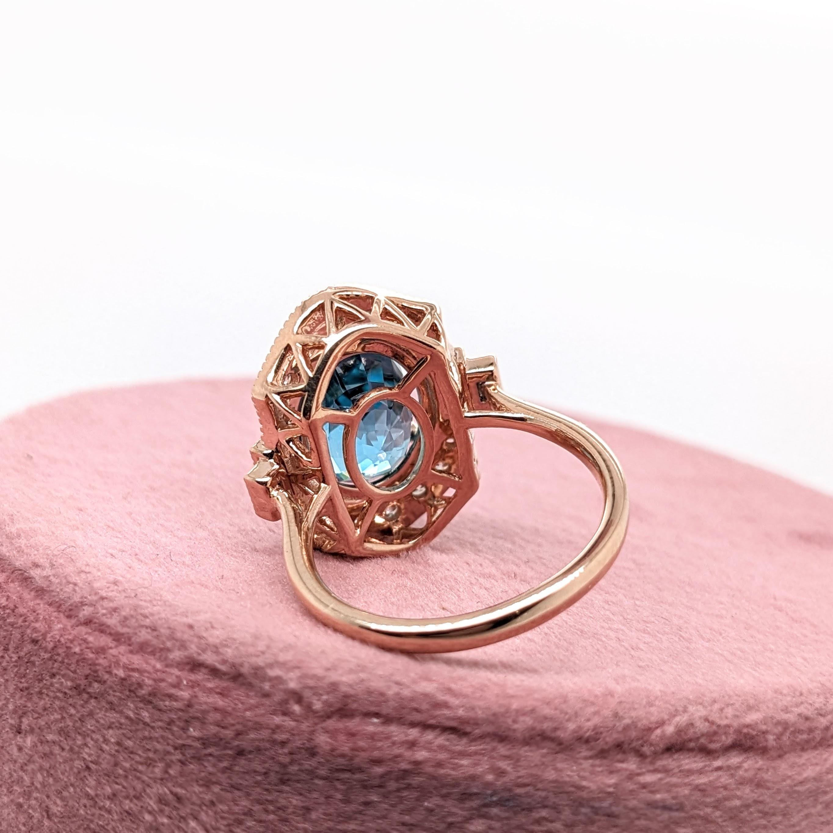 9.4ct Blue Zircon Ring w Earth Mined Diamonds in Solid 14K Rose Gold Oval 12x10 For Sale 3