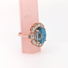 9.4ct Blue Zircon Ring w Earth Mined Diamonds in Solid 14K Rose Gold Oval 12x10