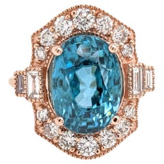 9.4ct Blue Zircon Ring w Natural Diamonds in Solid 14K Rose Gold Oval 12x10mm