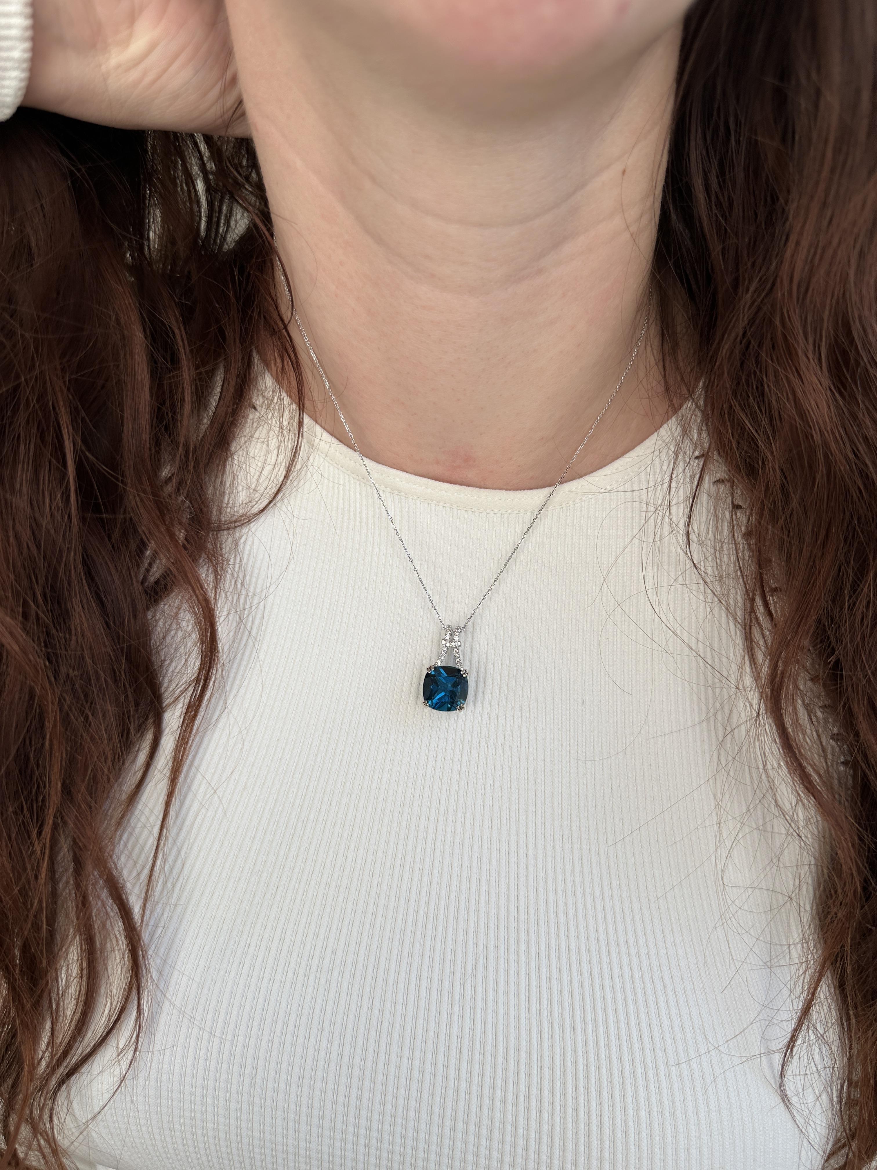 Women's 9.4ct London Blue Topaz Pendant w Natural Diamond Accents in 14K Gold CU 12mm For Sale