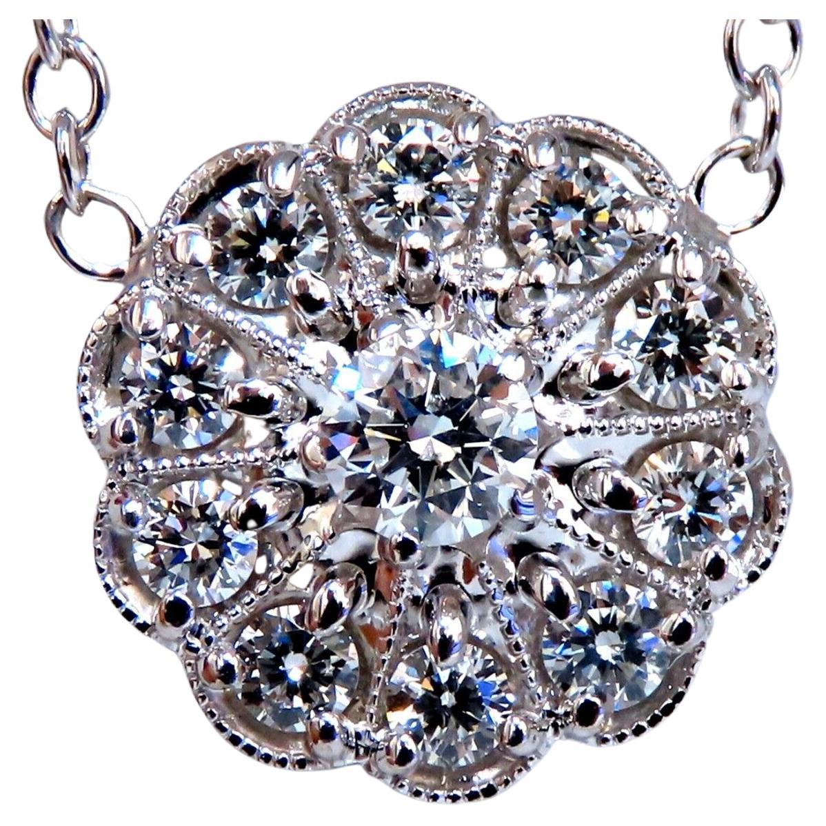 Collier grappe de diamants naturels en forme de halo de 0,94 carat, 14 carats, style édouardien déco