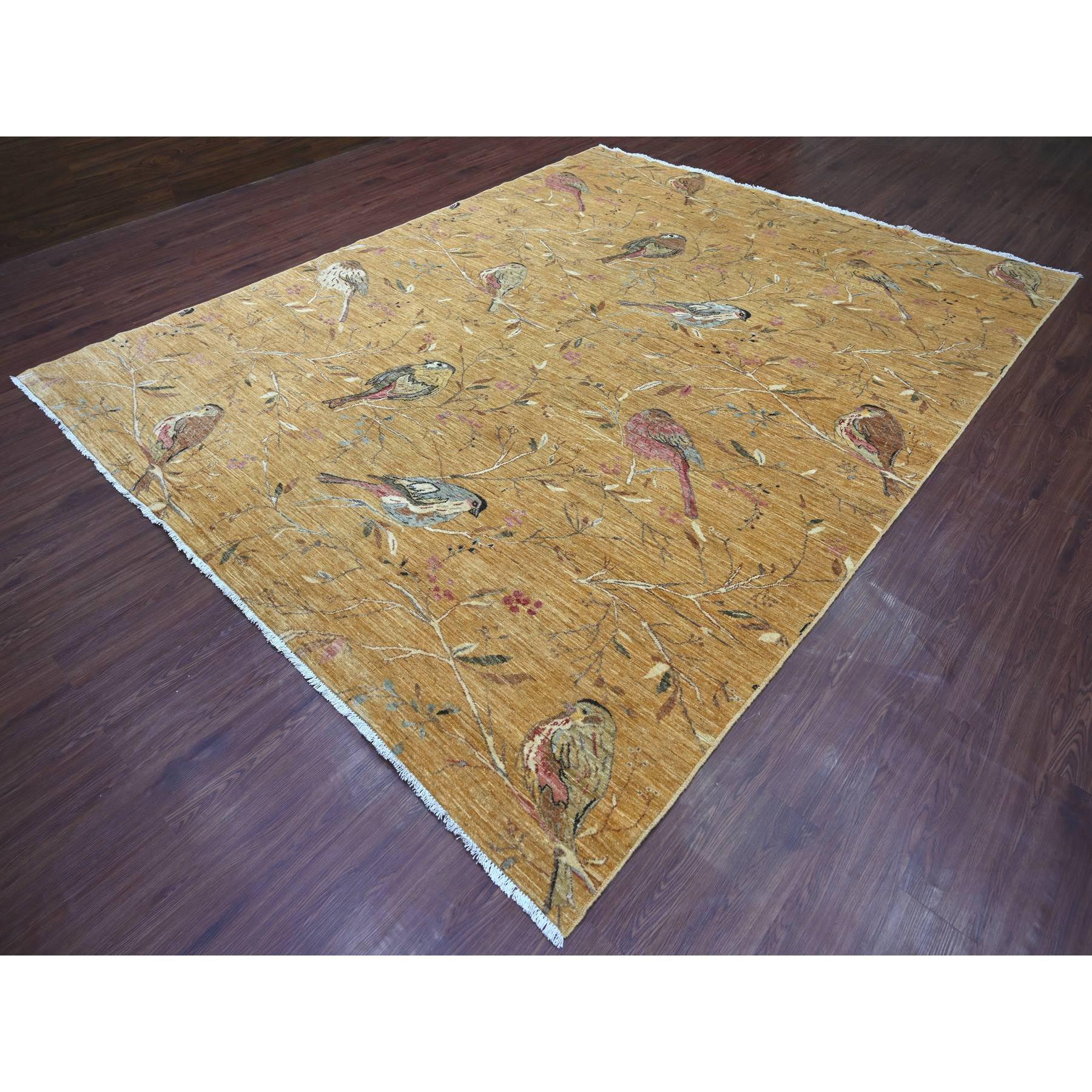 Copper Brown, Soft to the Touch, Hand Knotted, Sparrows on the Tree, Peshawar, Densely Woven, High Mountain Wool, Oriental Rug
Primary materials: Wool
Latex: No Pile 
height: 0.25 Inches
Style: Contemporary
Primary color: Brown
Secondary colors:
