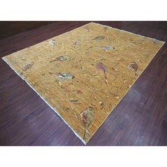 9'4"x11'8" Copper Brown Soft Wool Hand Knotted Sparrows on the Tree Peshawar Rug