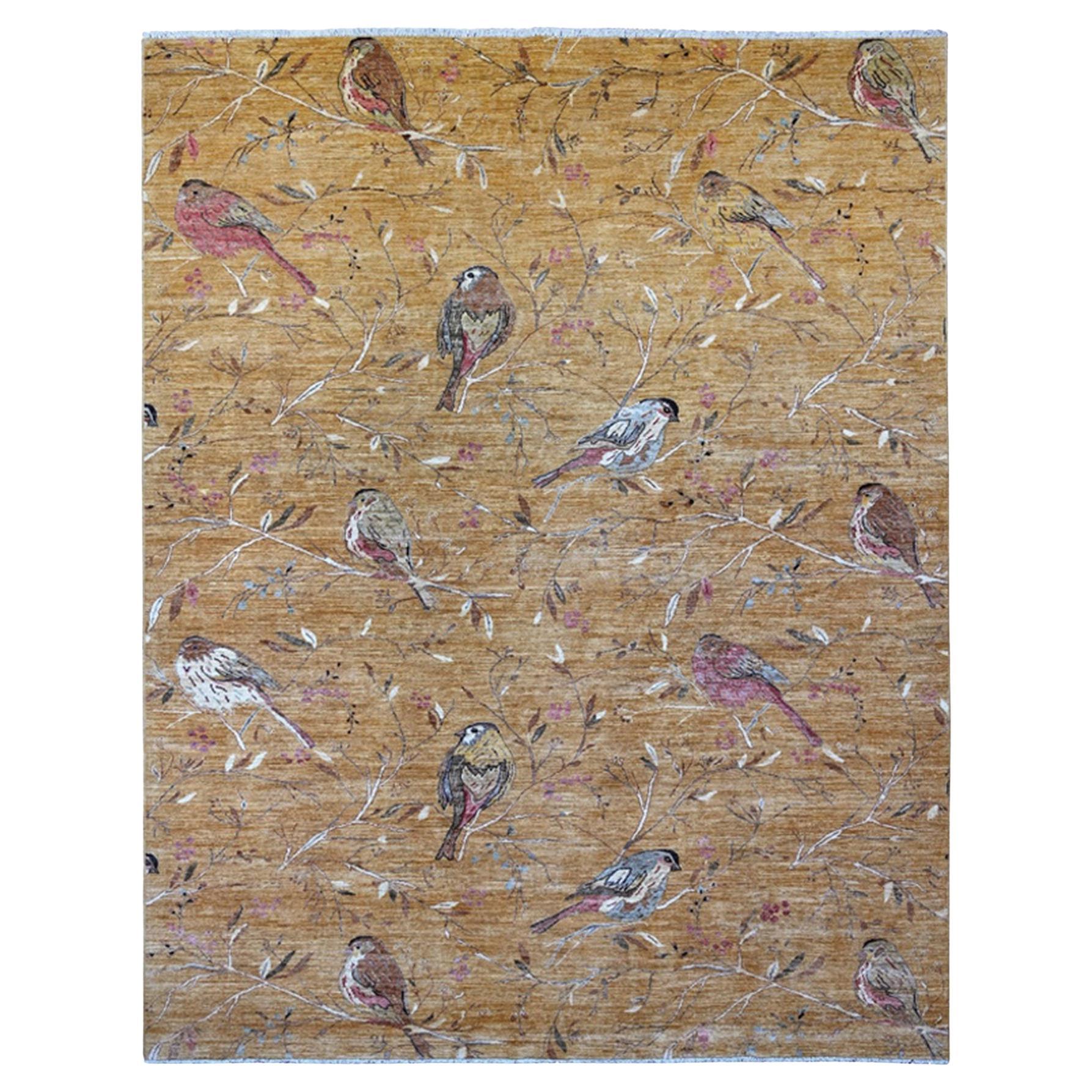 9
4"x11
8" Copper Brown Soft Wool Hand Knotted Sparrows on the Tree Peshawar Rug For Sale