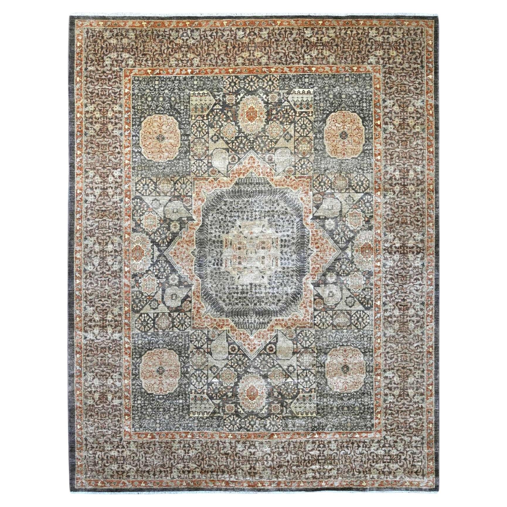 9'4"x11'9" Brown 14th Century Mamluk Dynasty Pattern Hand Knotted Pure Wool Rug For Sale