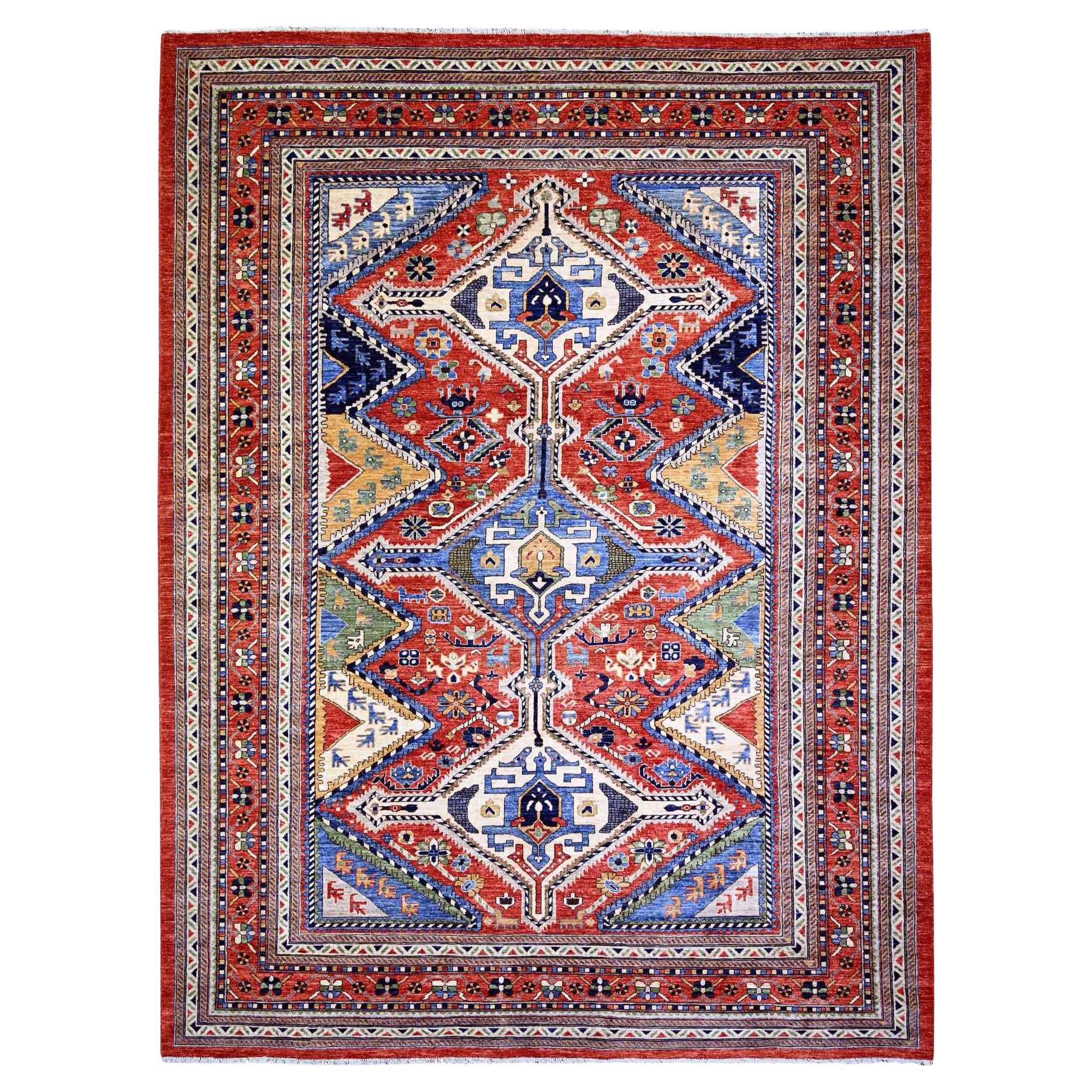 9'4"x12' Arsenal Red Hand Knotted Sheeraz Design 100% Wool Oriental Rug