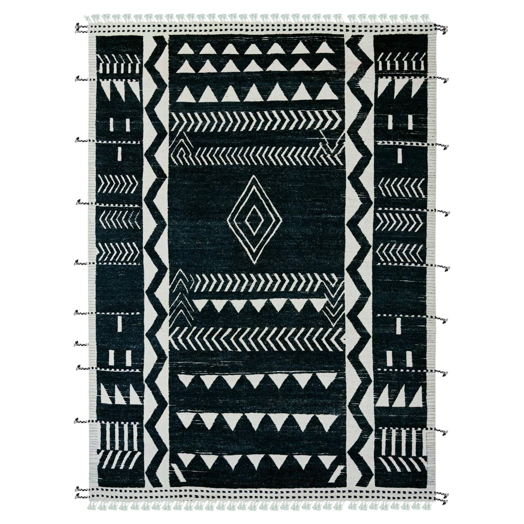 9'4"x12'10" Black Hand Knotted Moroccan Weave Geometric Design Wool Oriental Rug