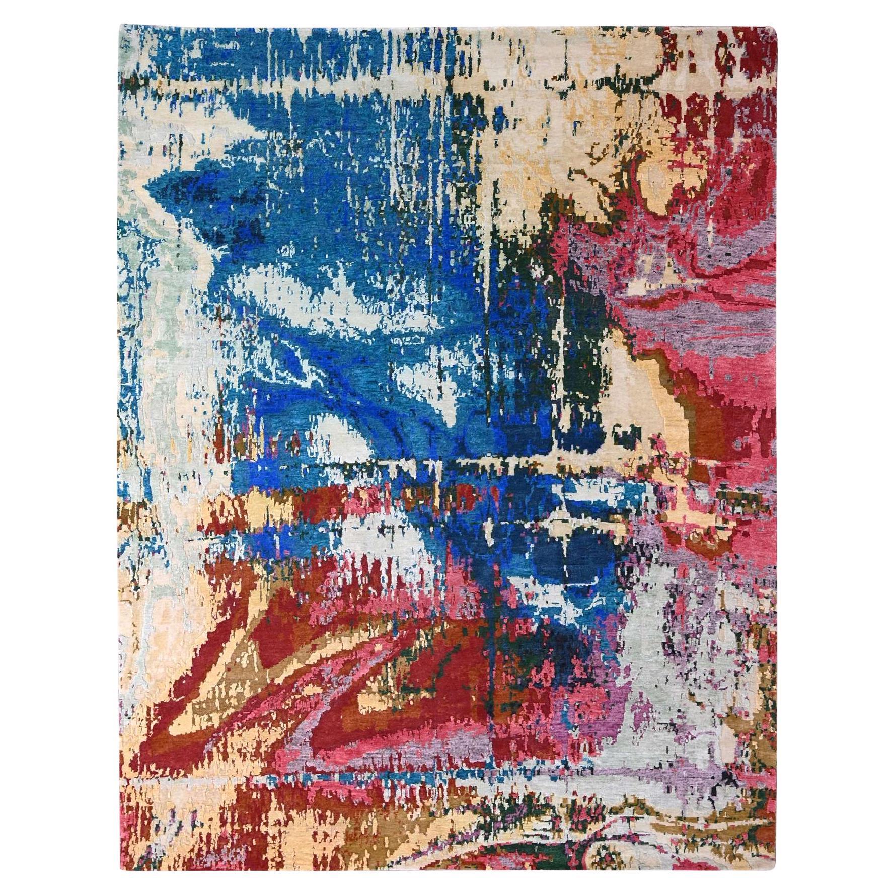 9
4 "x12
3" Blau Modern Abstrakt Design Glänzend Wolle Handgeknüpft Orientteppich