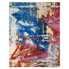 9
4 "x12
3" Blue Modern Abstract Design Shiny Wool Hand Knotsted Oriental Rug