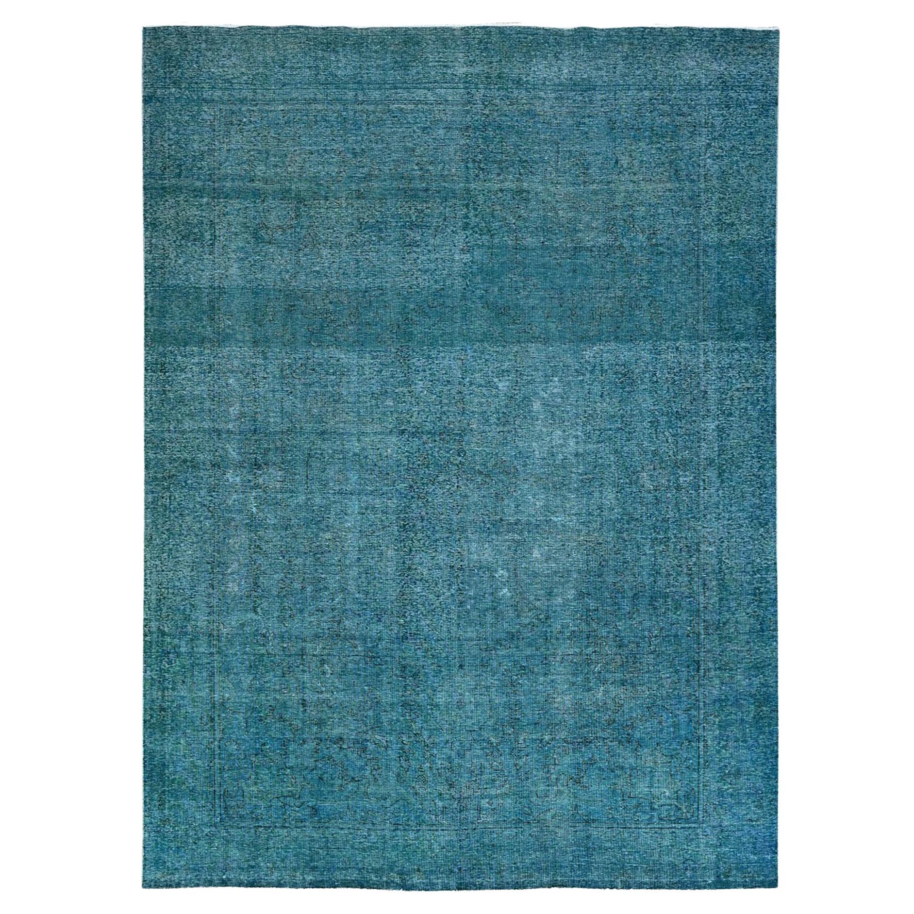 9'4"x12'7" Blue Hand Knotted Vintage Tabriz Worn Distressed Wool Oriental Rug