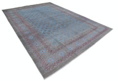 9.4x13 ft Handmade Gray, Blue & Lavender Rug. Trellis Geometric Design Carpet