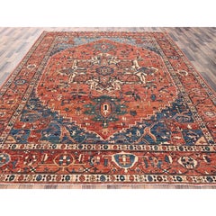 9'4"x13'1" Rust Orange Serapi Heriz with Medallion Design Hand Knotted Wool Rug