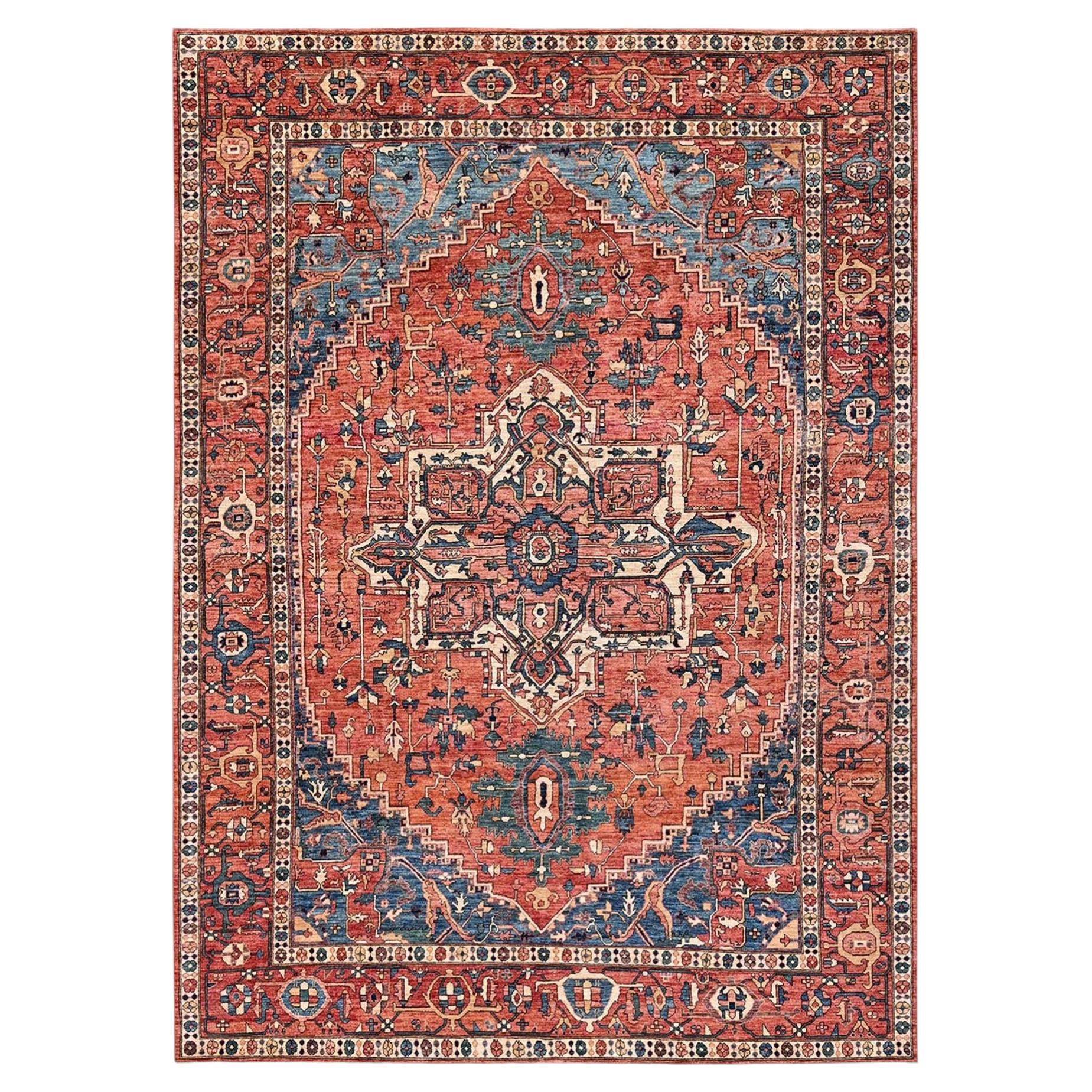 9'4"x13'1" Rust Orange Serapi Heriz with Medallion Design Hand Knotted Wool Rug For Sale