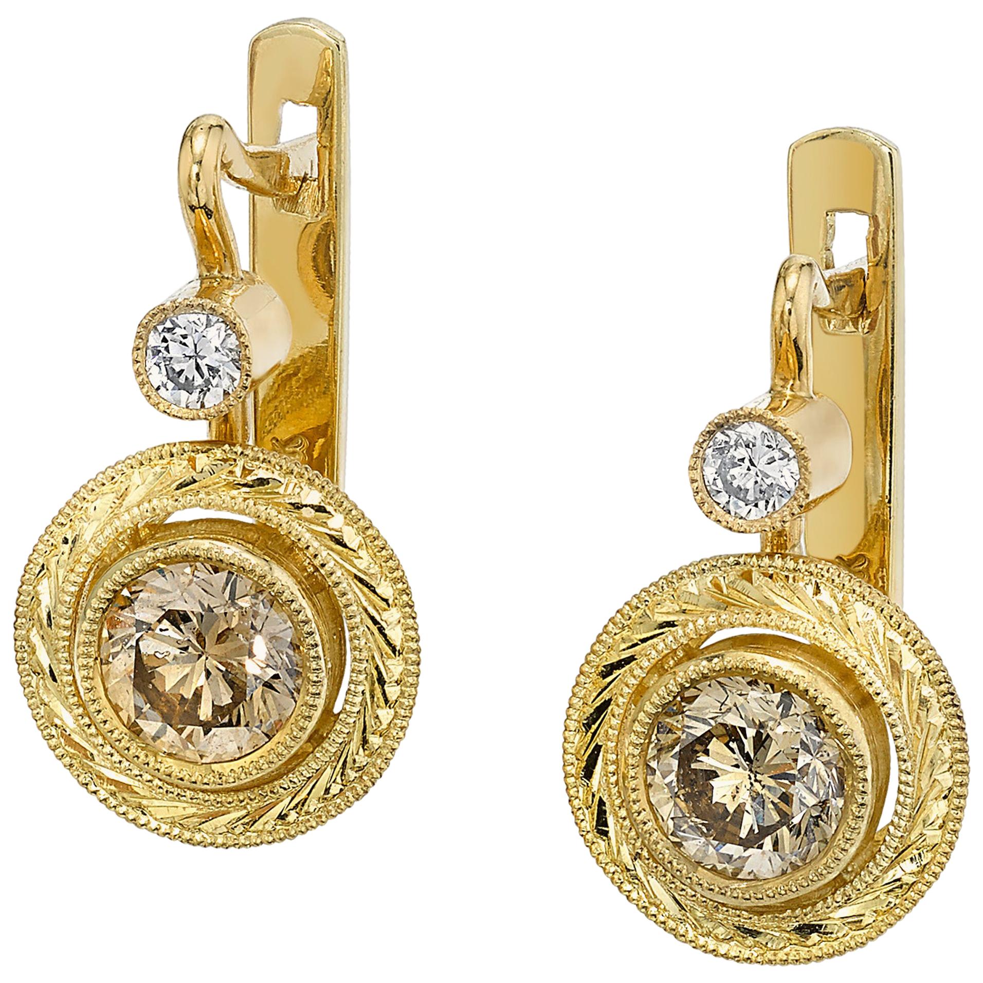 Champagne Diamond Yellow Gold Lever Back Engraved Bezel Set Drop Earrings 