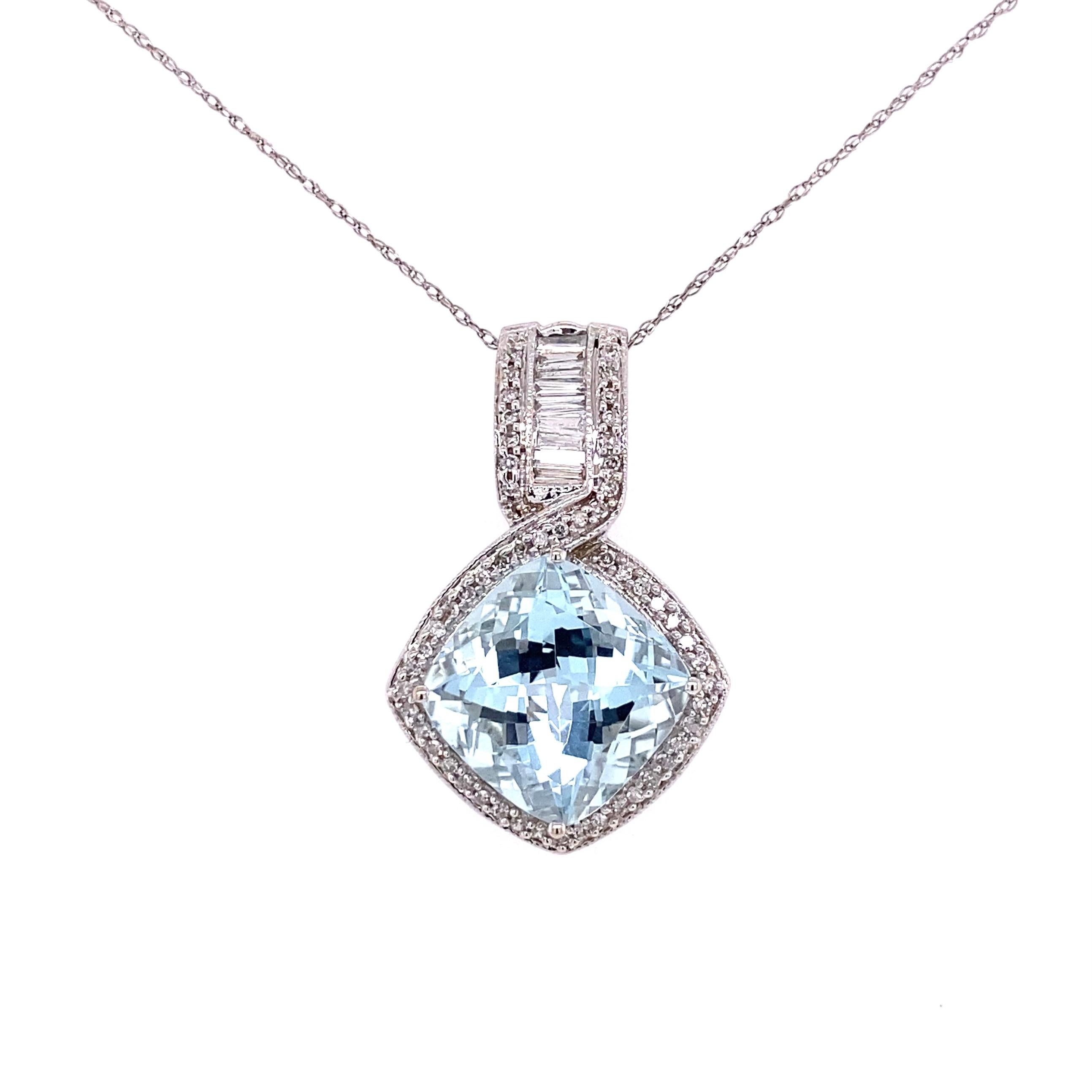 Simply Beautiful! Aquamarine and Diamond Gold Art Deco Revival Pendant Necklace. Centering a securely nestled Hand set Oval Aquamarine approx. 9.5 Carat. Beautifully Hand-crafted 14K White Gold surround Hand set with Diamonds, approx. 0.70tcw.