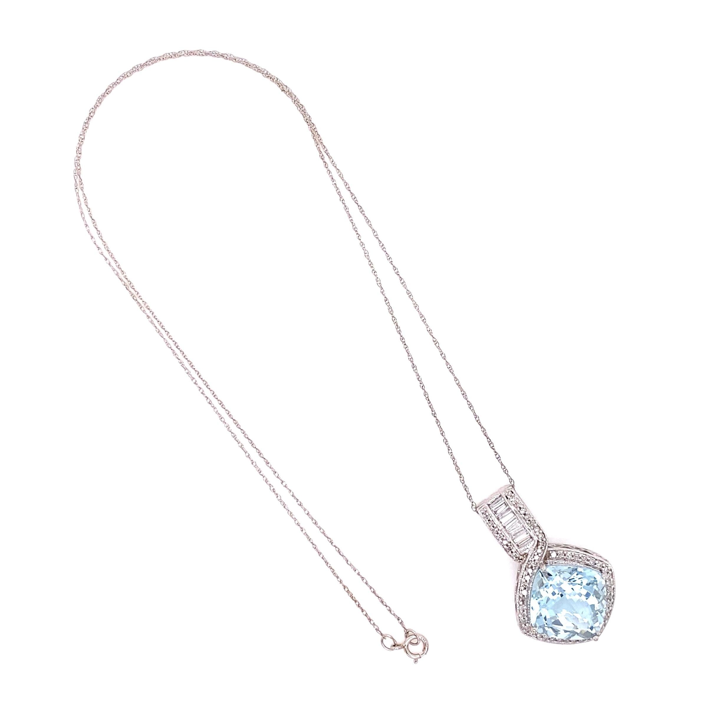 Mixed Cut 9.5 Carat Aquamarine and Diamond Art Deco Revival Gold Pendant Necklace For Sale