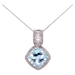 9.5 Carat Aquamarine and Diamond Art Deco Revival Gold Pendant Necklace