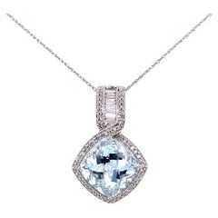9.5 Carat Aquamarine and Diamond Gold Vintage Pendant Necklace