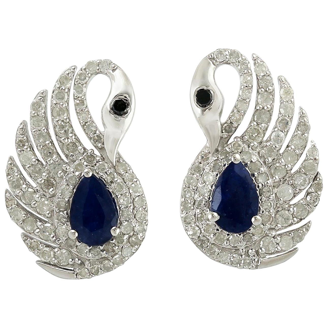 .95 Carat Blue Sapphire Diamond Swan Stud Earrings For Sale