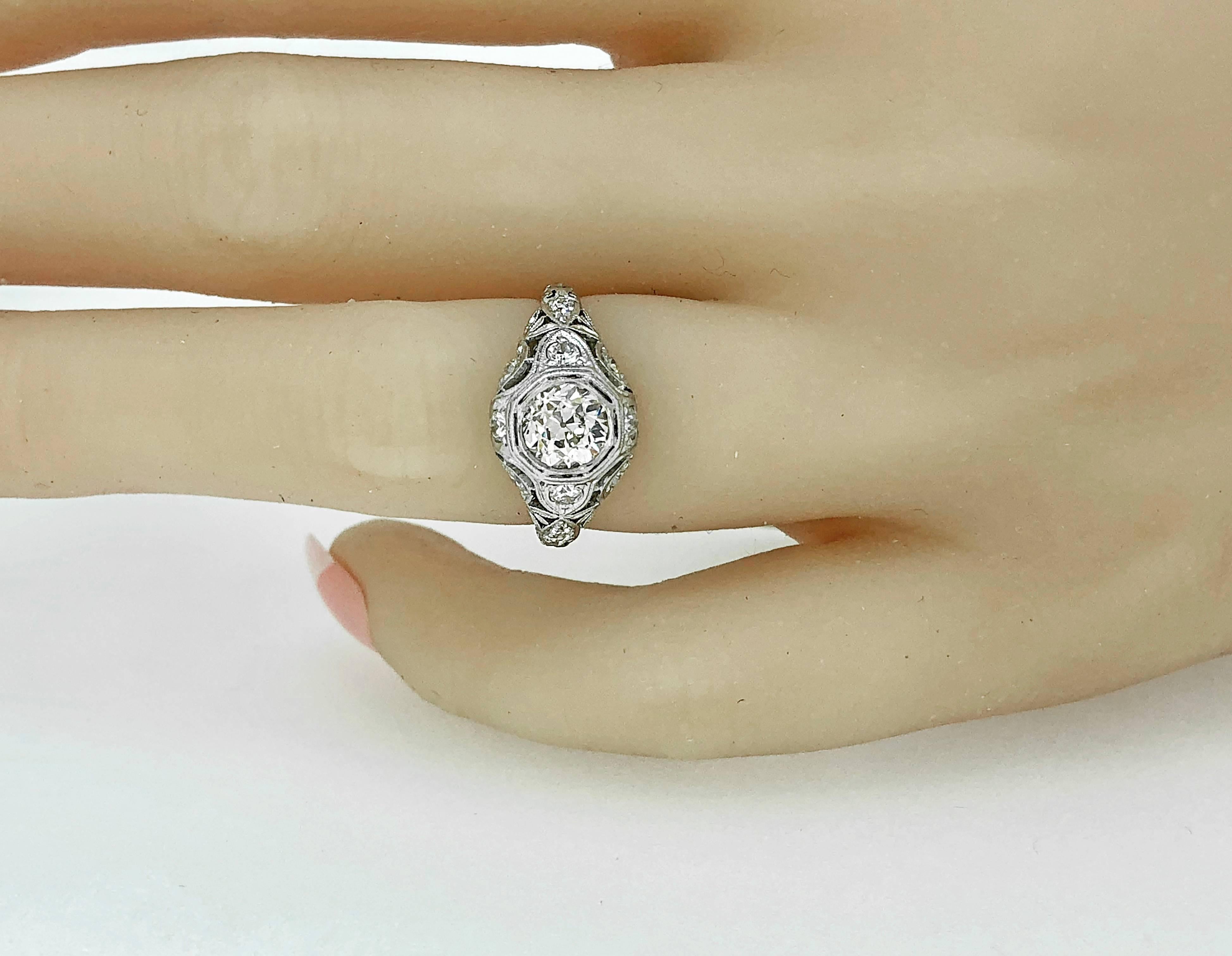 Old European Cut .95 Carat Diamond Antique Engagement Fashion Ring Platinum For Sale