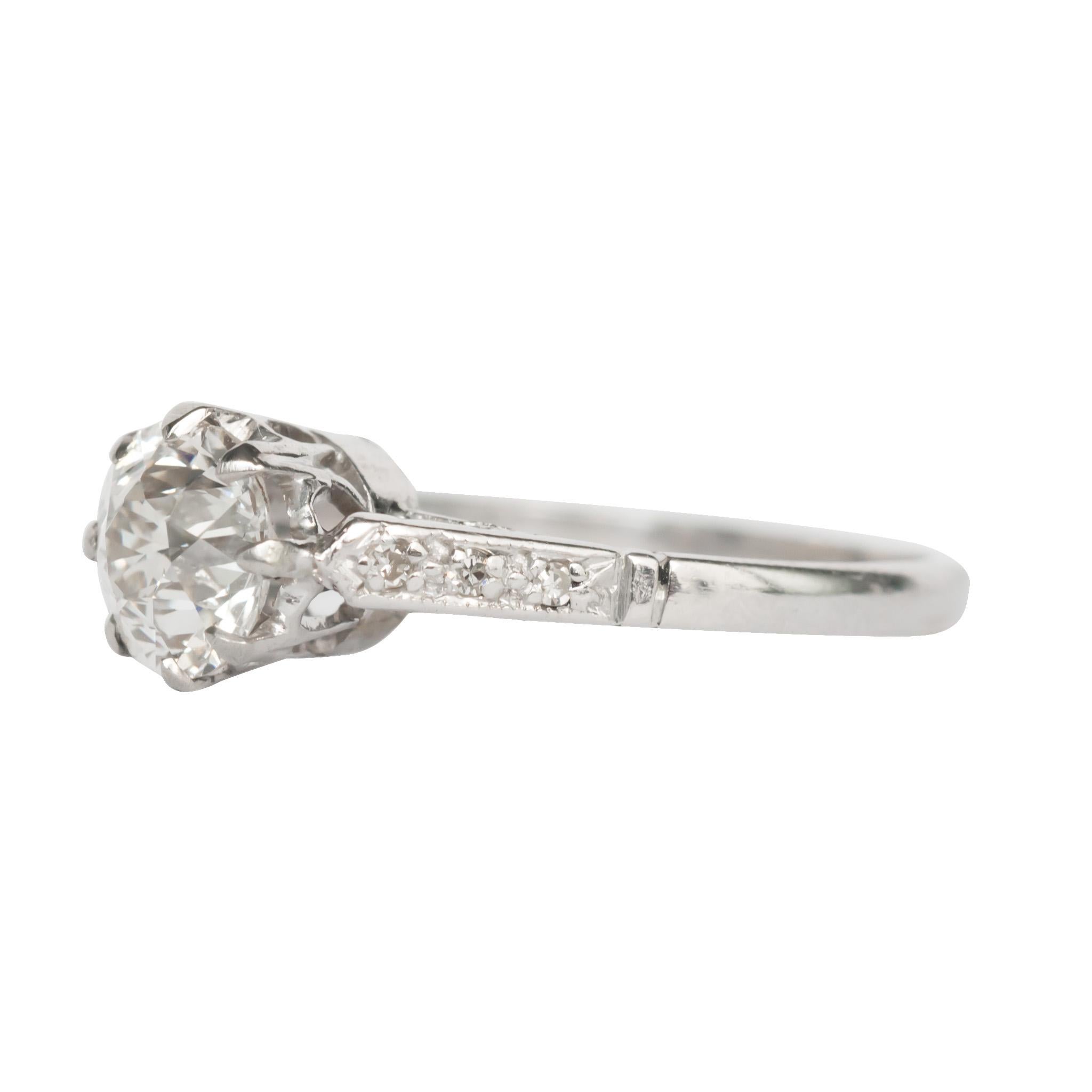 Ring Size: 5.50
Metal Type: Platinum
Weight: 2.9 grams

Center Diamond Details
Shape: Old European
Carat Weight: .95 carat
Color: J
Clarity: VS1 

Side Stone Details: 
Shape: Antique Single Cut 
Total Carat Weight: .08 carat total weight
Color: