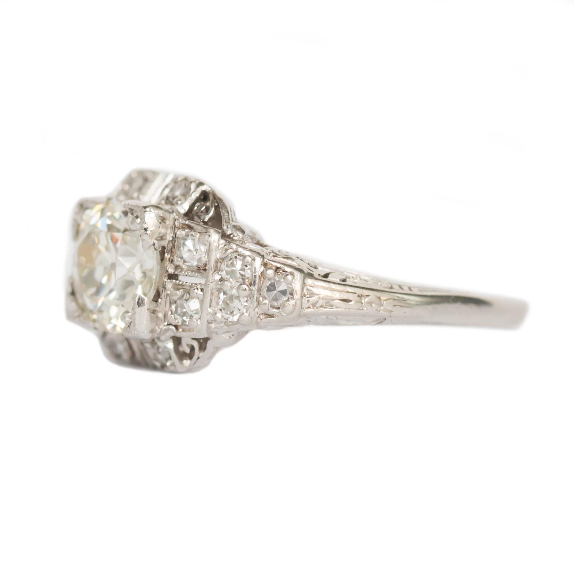 Ring Size: 6.95
Metal Type: Platinum
Weight: 3.4 grams

Center Diamond Details
Shape: Old European Brilliant 
Carat Weight: .95 carat
Color: J
Clarity: VS1

Side Stone Details: 
Shape: Antique Single Cut 
Total Carat Weight: .15 carat, total