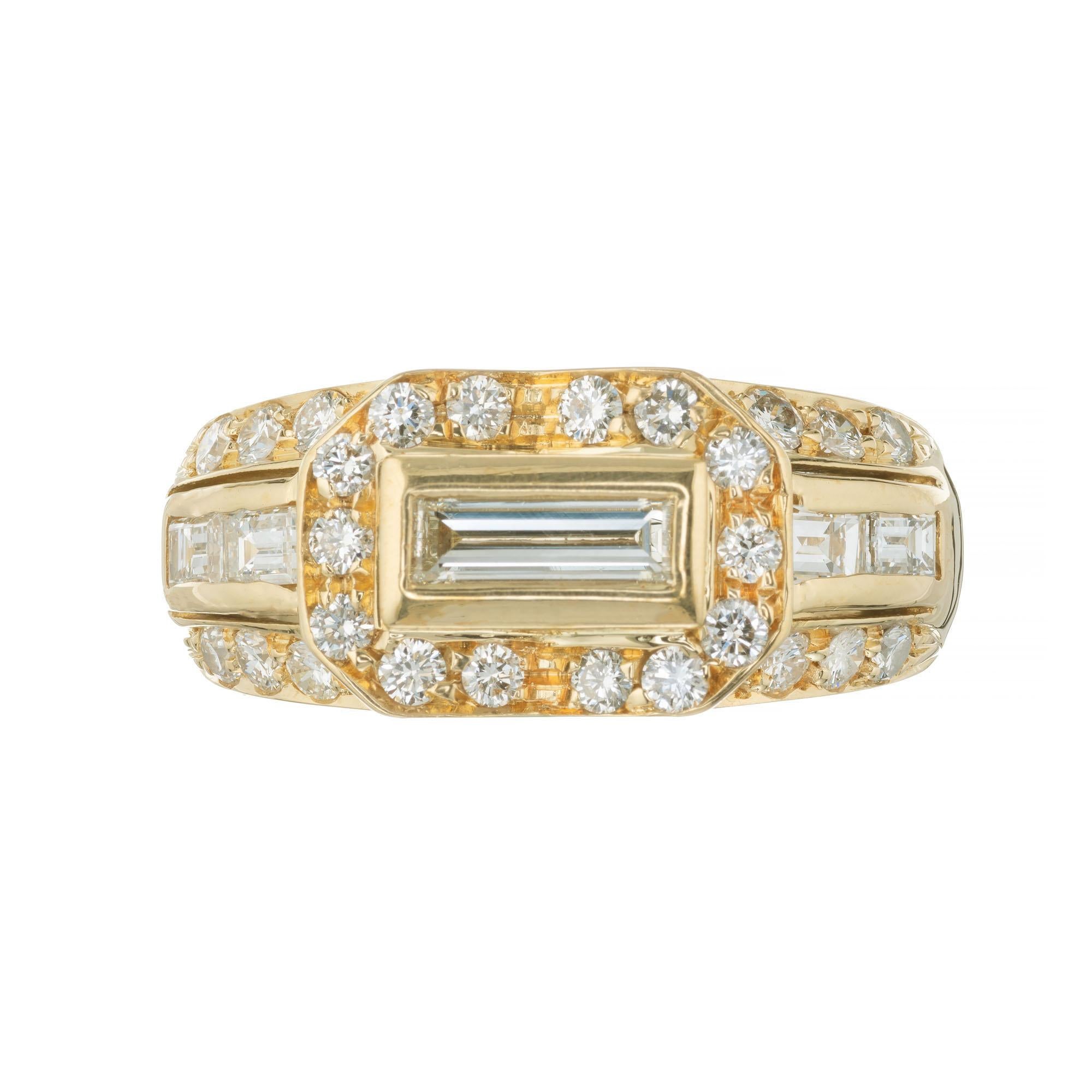Very stylish contoured 18k yellow gold ring set with baguette and round diamonds

1 step cut baguette H VS, approx. .27ct
26 round brilliant cut diamonds G-H VS, approx. .38ct
4 step cut baguette diamonds H VS, approx. .30ct
Size 5.75 and sizable