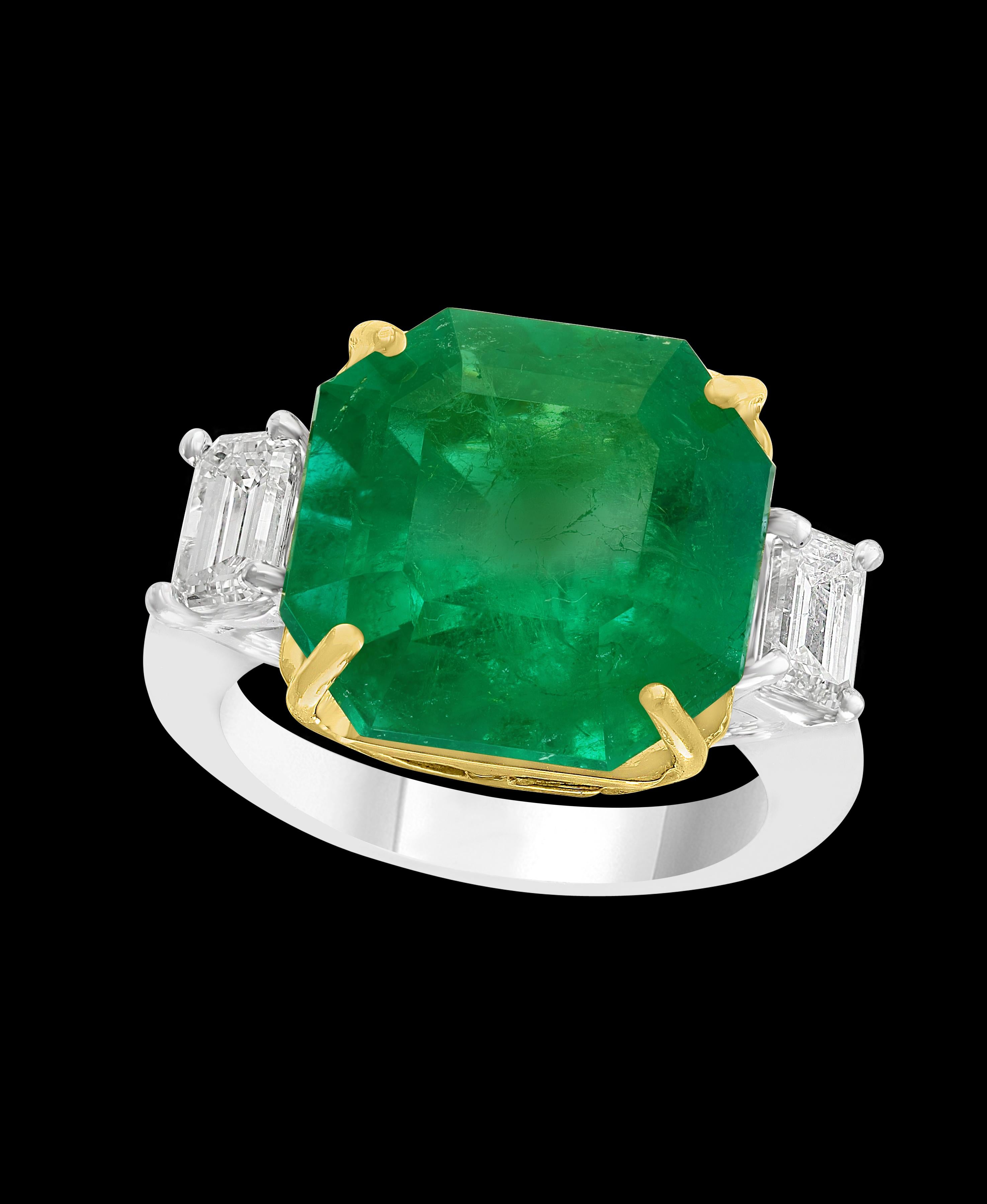  AGL Certified 10.25 Carat Emerald Cut Colombian Emerald Diamond 18 Karat White gold Ring
AGL Report # 1102590
Measurements 13.67x13.62x9.28
  Estate  piece  Natural Emerald with no color enhancement.
Two Emerald cut  Diamonds on either side of the