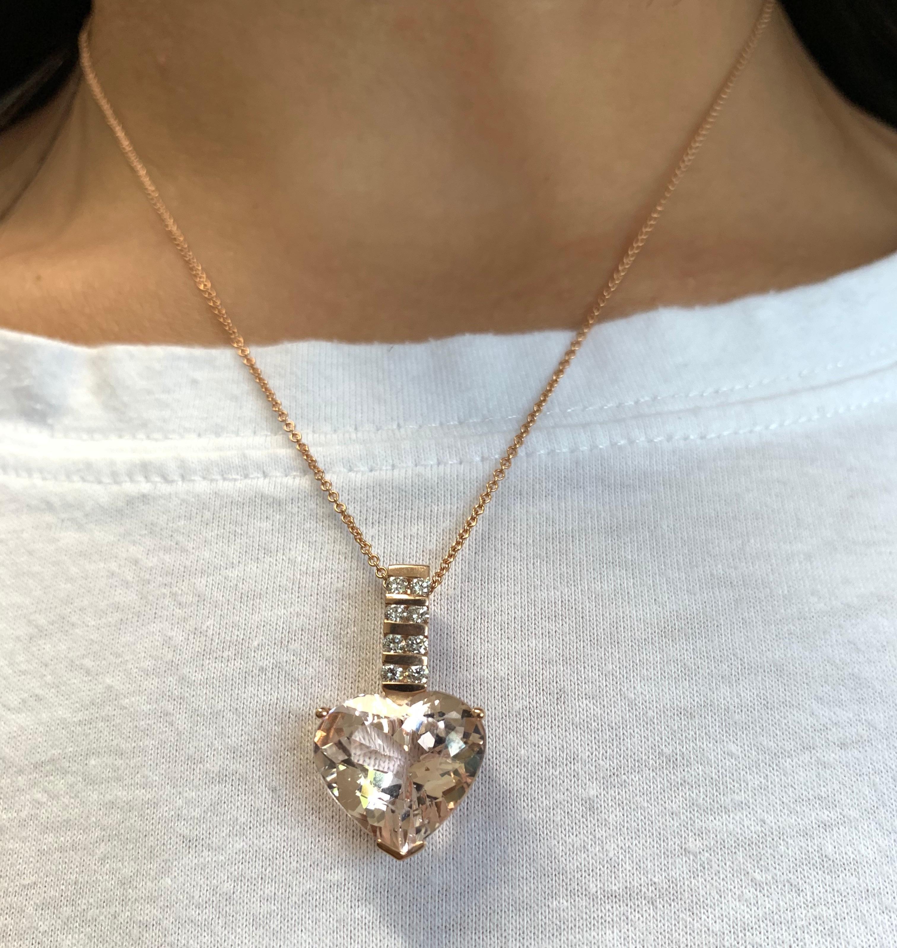 Contemporary 9.5 Carat Heart Shape Pink Morganite and White Diamond Pendant 14K Rose Gold