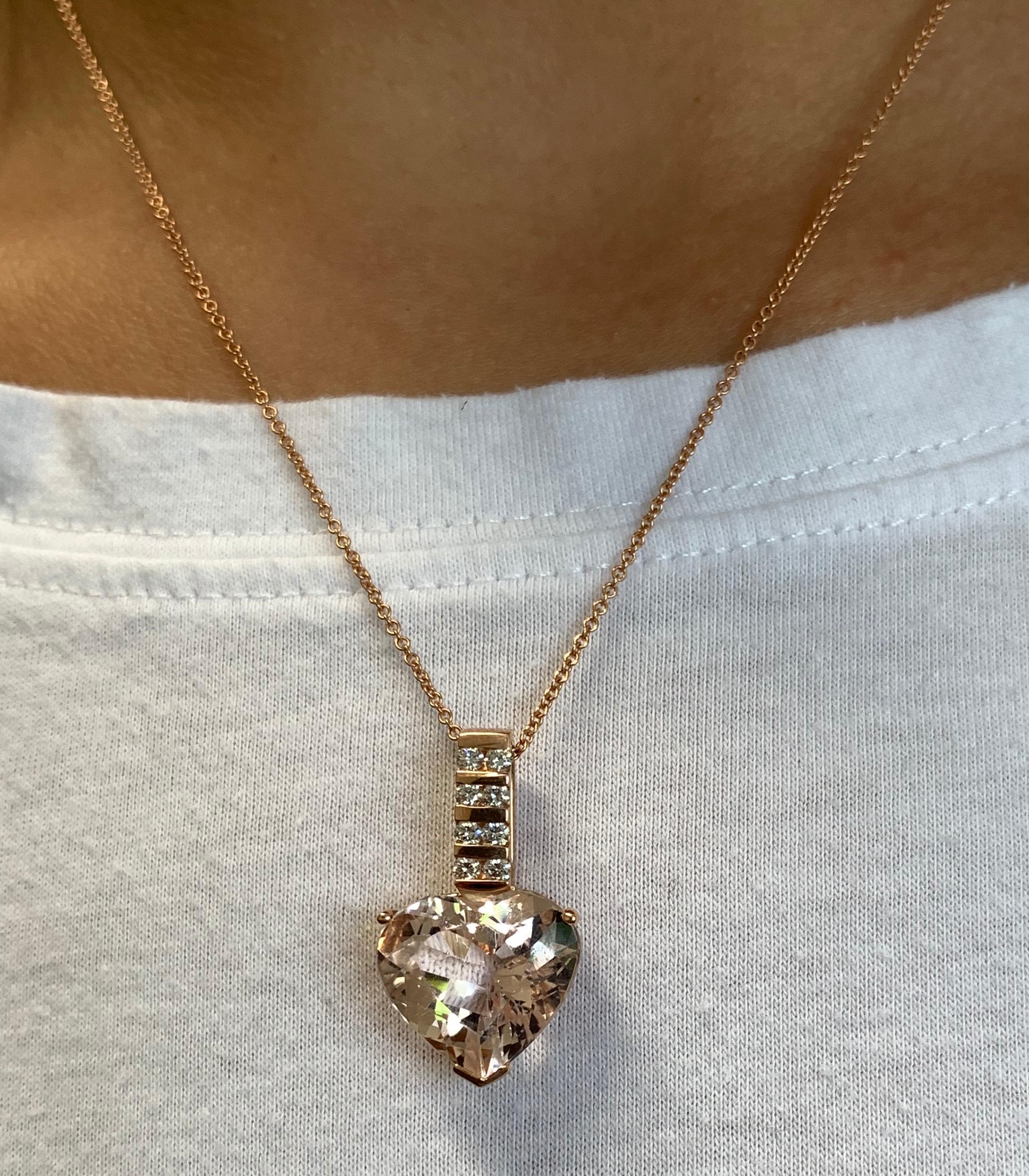 9.5 Carat Heart Shape Pink Morganite and White Diamond Pendant 14K Rose Gold In New Condition In GREAT NECK, NY