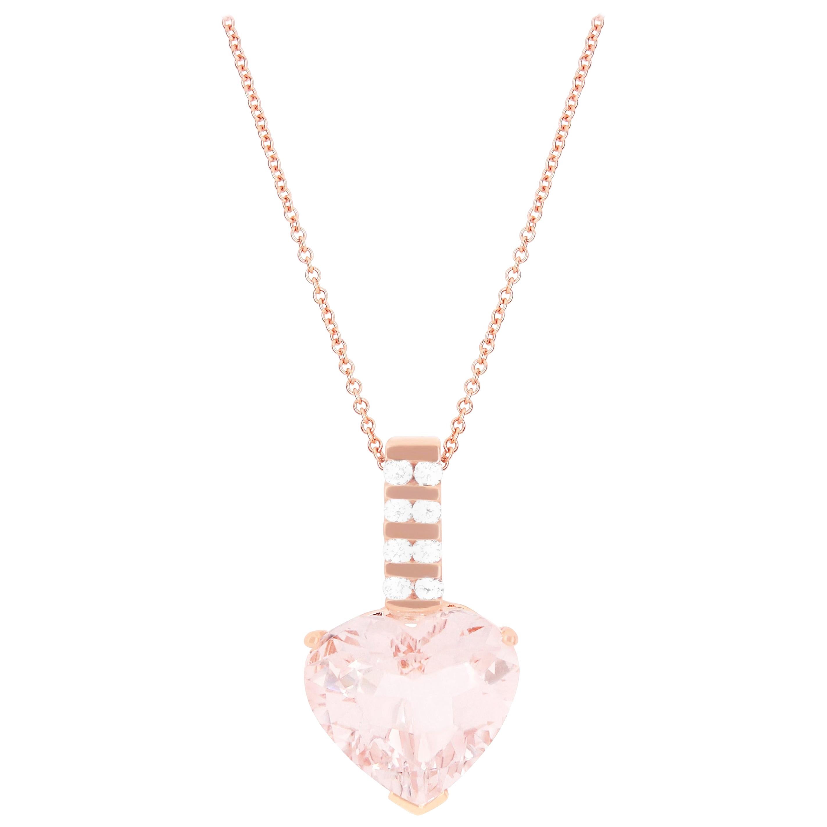9.5 Carat Heart Shape Pink Morganite and White Diamond Pendant 14K Rose Gold