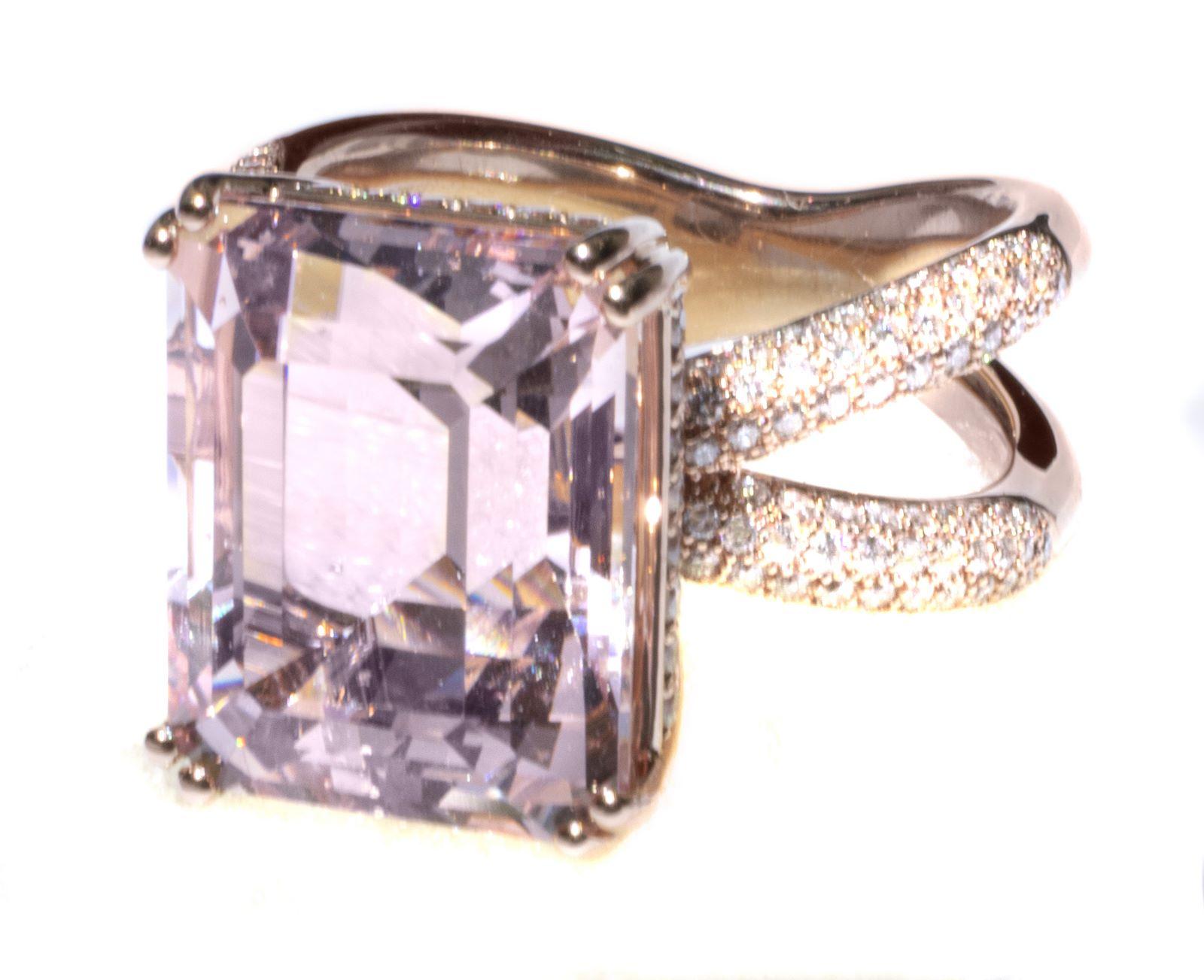 Emerald Cut 9.5 Carat Morganite & Diamond 18k Rose Gold Ring For Sale