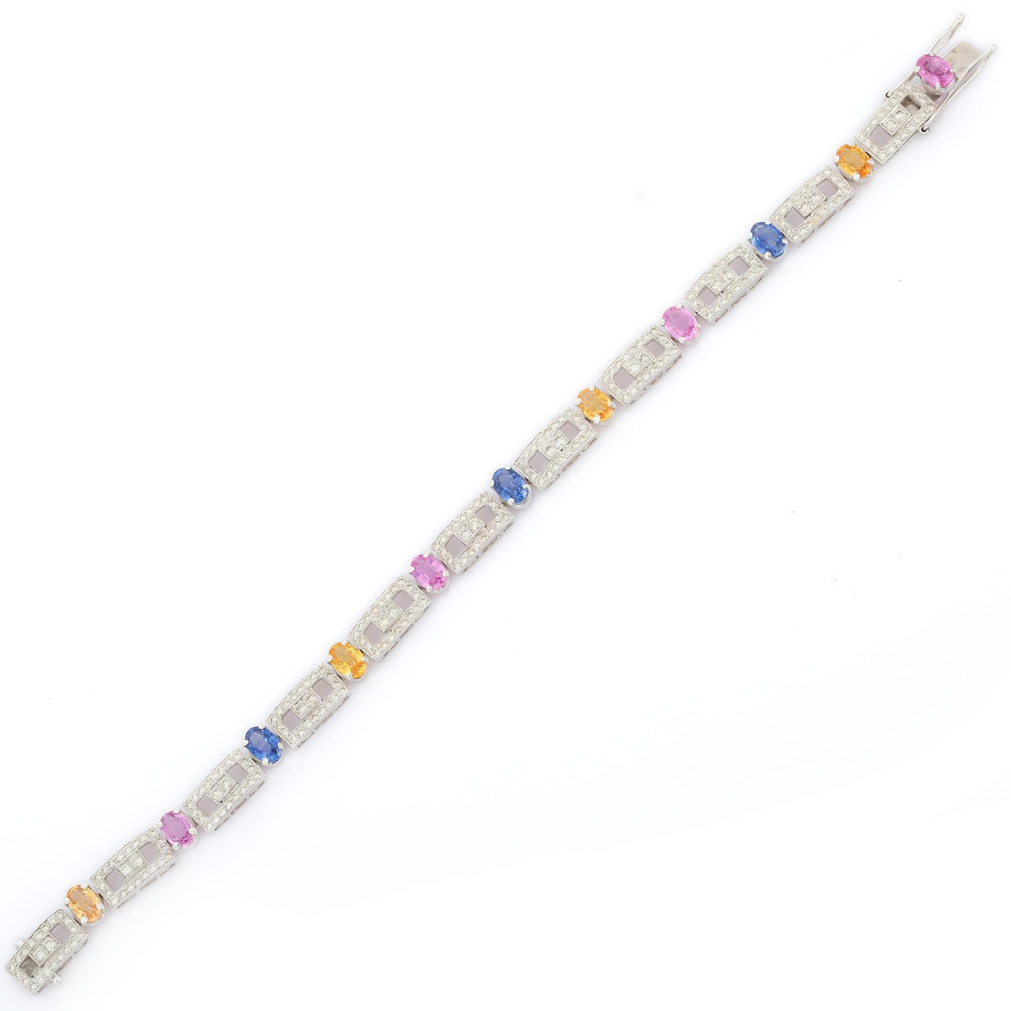 Women's 9.5 Carat Multi Sapphire Tennis Bracelet in 18K White Gold with Diamonds For Sale