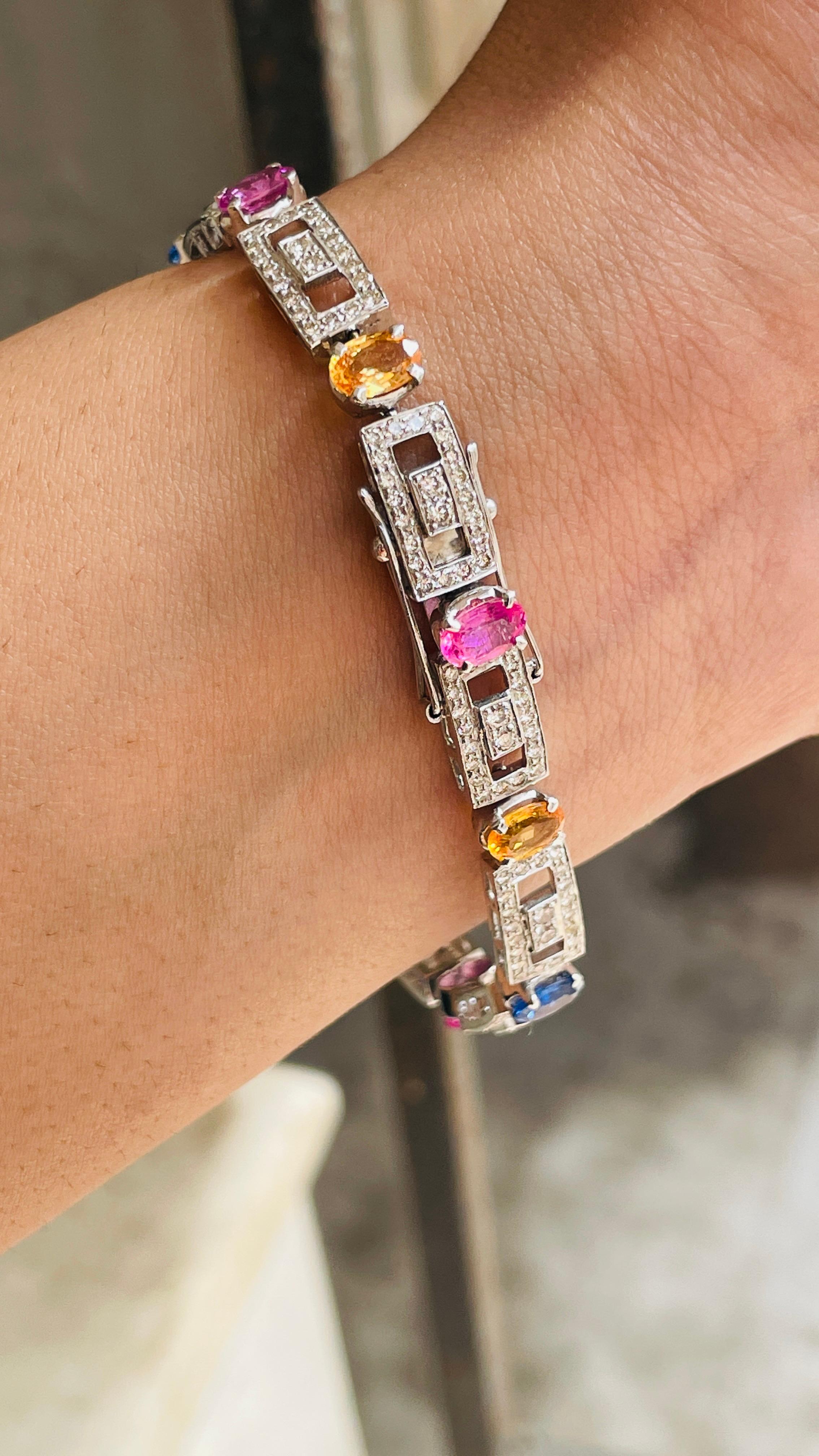 Contemporary 9.5 Carat Multi Sapphire Tennis Bracelet in 18K White Gold with Diamonds For Sale