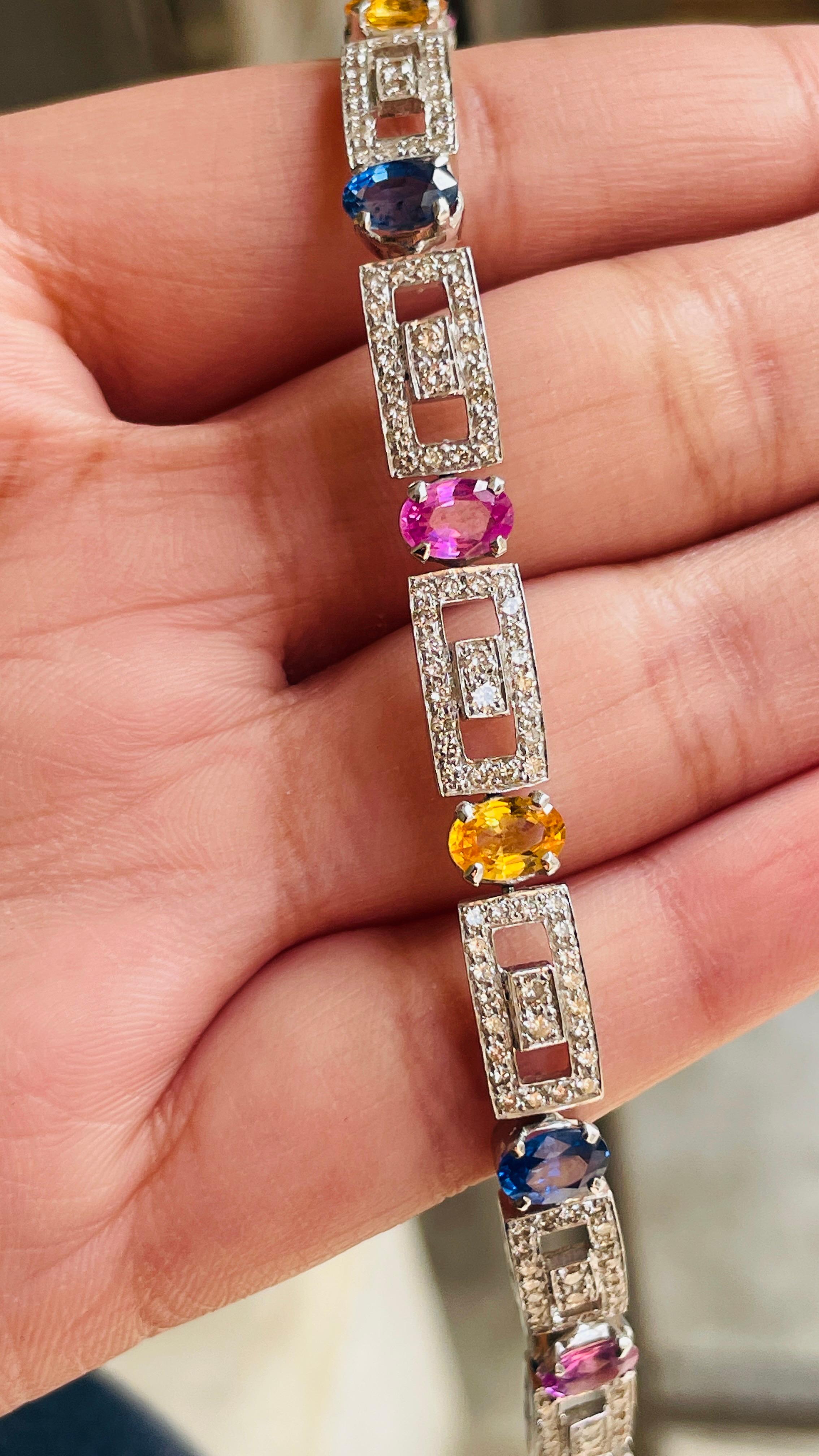Bracelet tennis en or blanc 18 carats avec diamants et plusieurs saphirs de 9,5 carats Pour femmes en vente