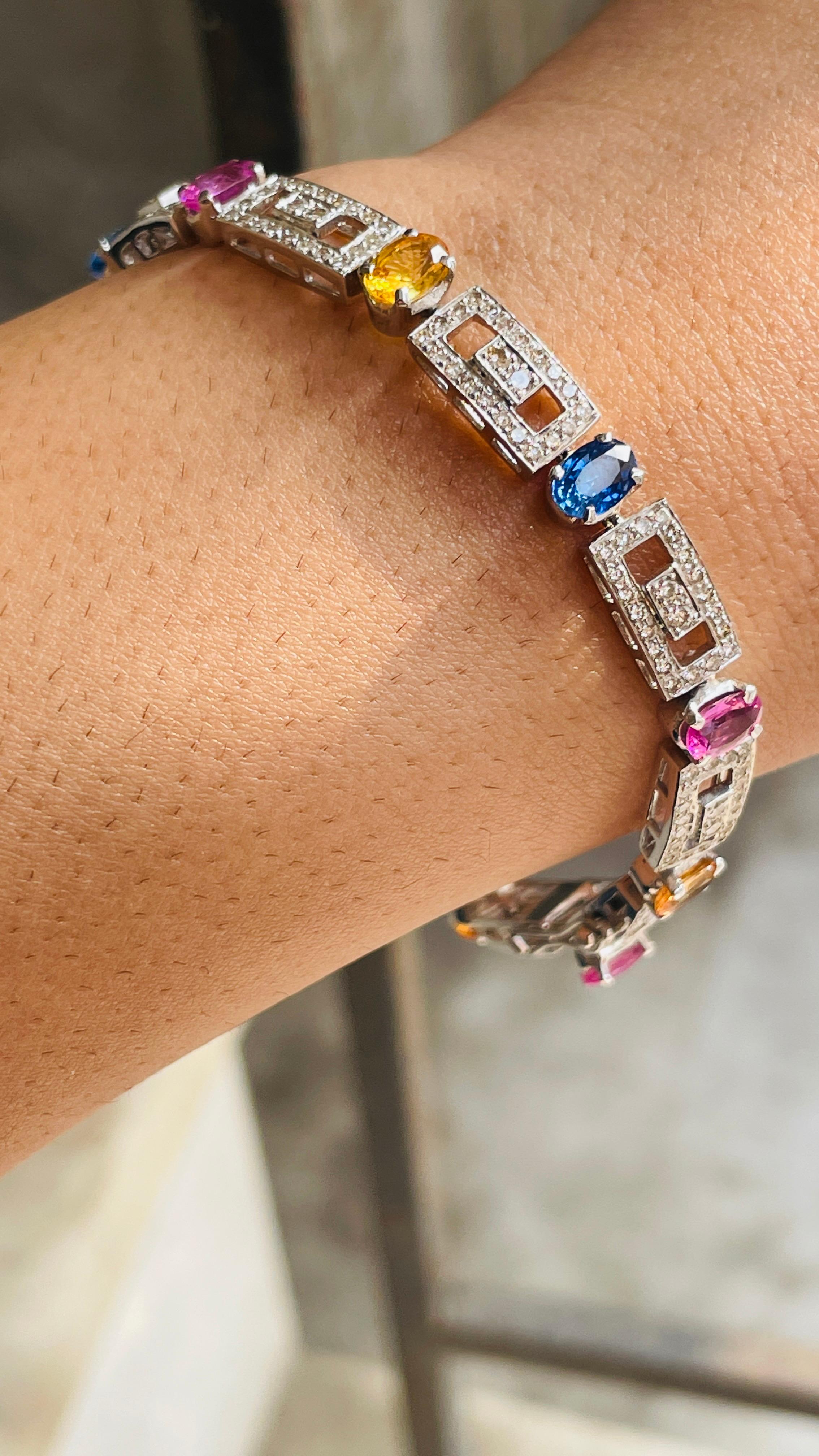 Bracelet tennis en or blanc 18 carats avec diamants et plusieurs saphirs de 9,5 carats en vente 2