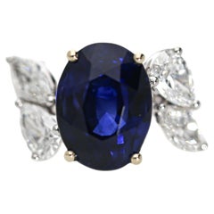 9.5 Carat No Heat Blue Sapphire and Pear Diamond Wing Ring