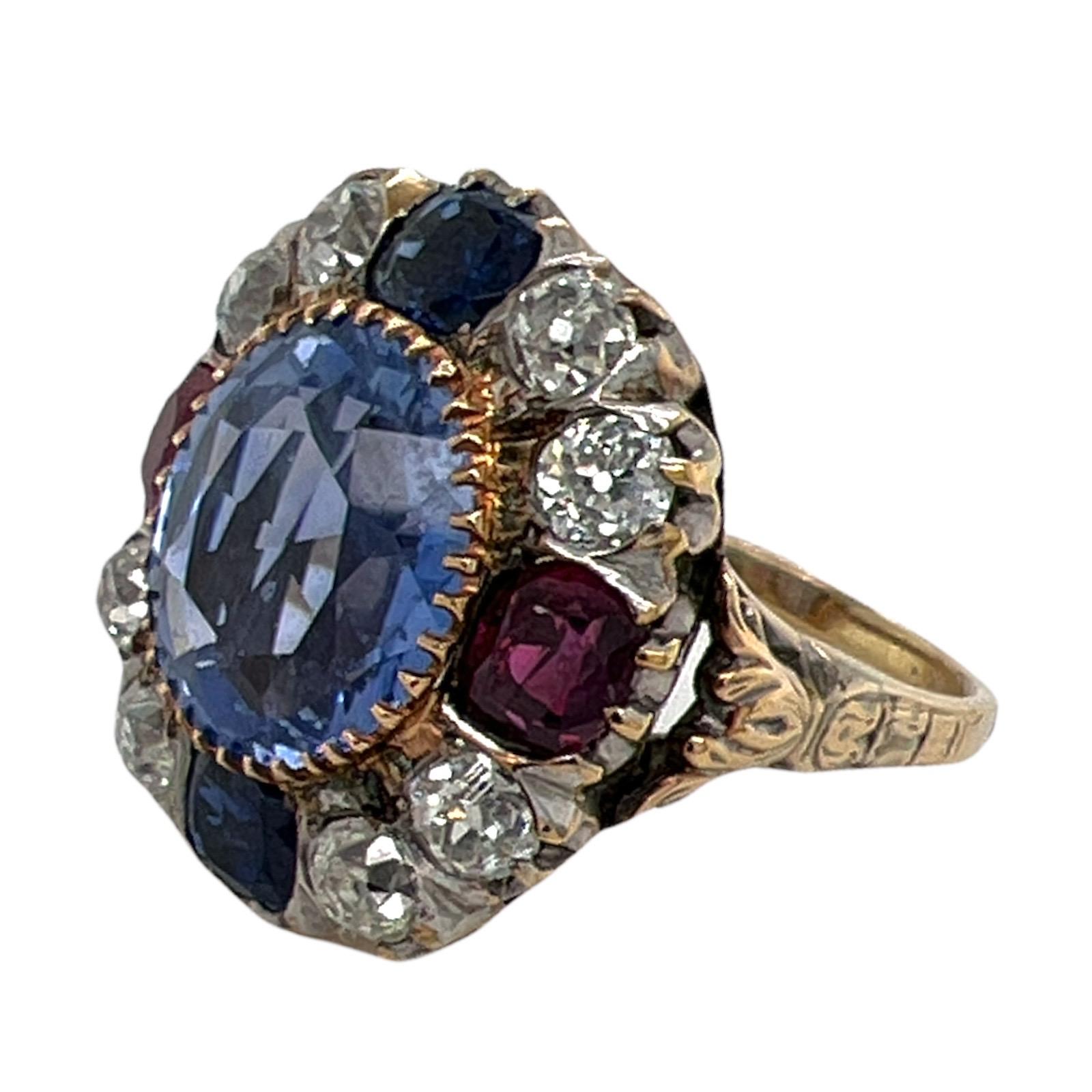 Oval Cut 9.50 Carat No Heat Ceylon Blue Sapphire Diamond Ruby Vintage Cocktail Ring GIA