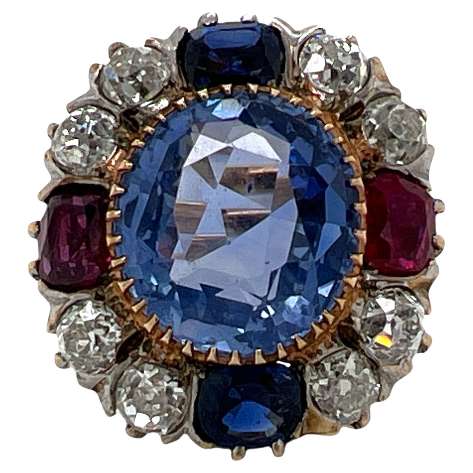 9.50 Carat No Heat Ceylon Blue Sapphire Diamond Ruby Vintage Cocktail Ring GIA