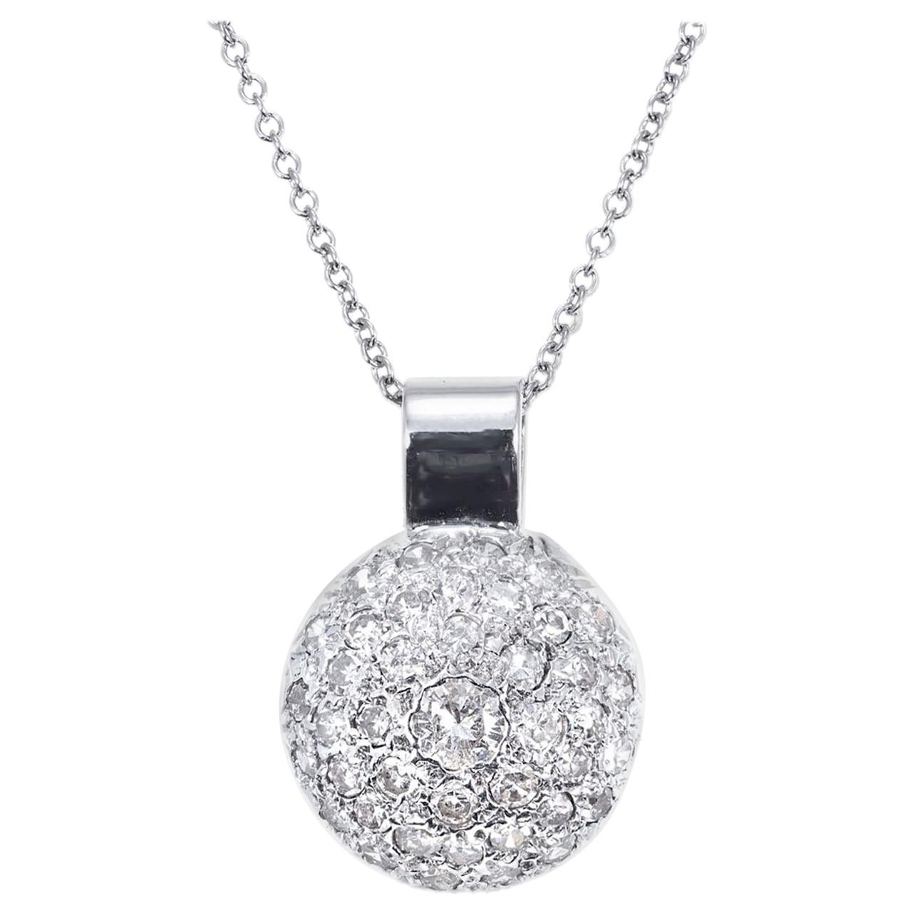 .95 Carat Round Diamond Domed Cluster White Gold Pendant Necklace For Sale