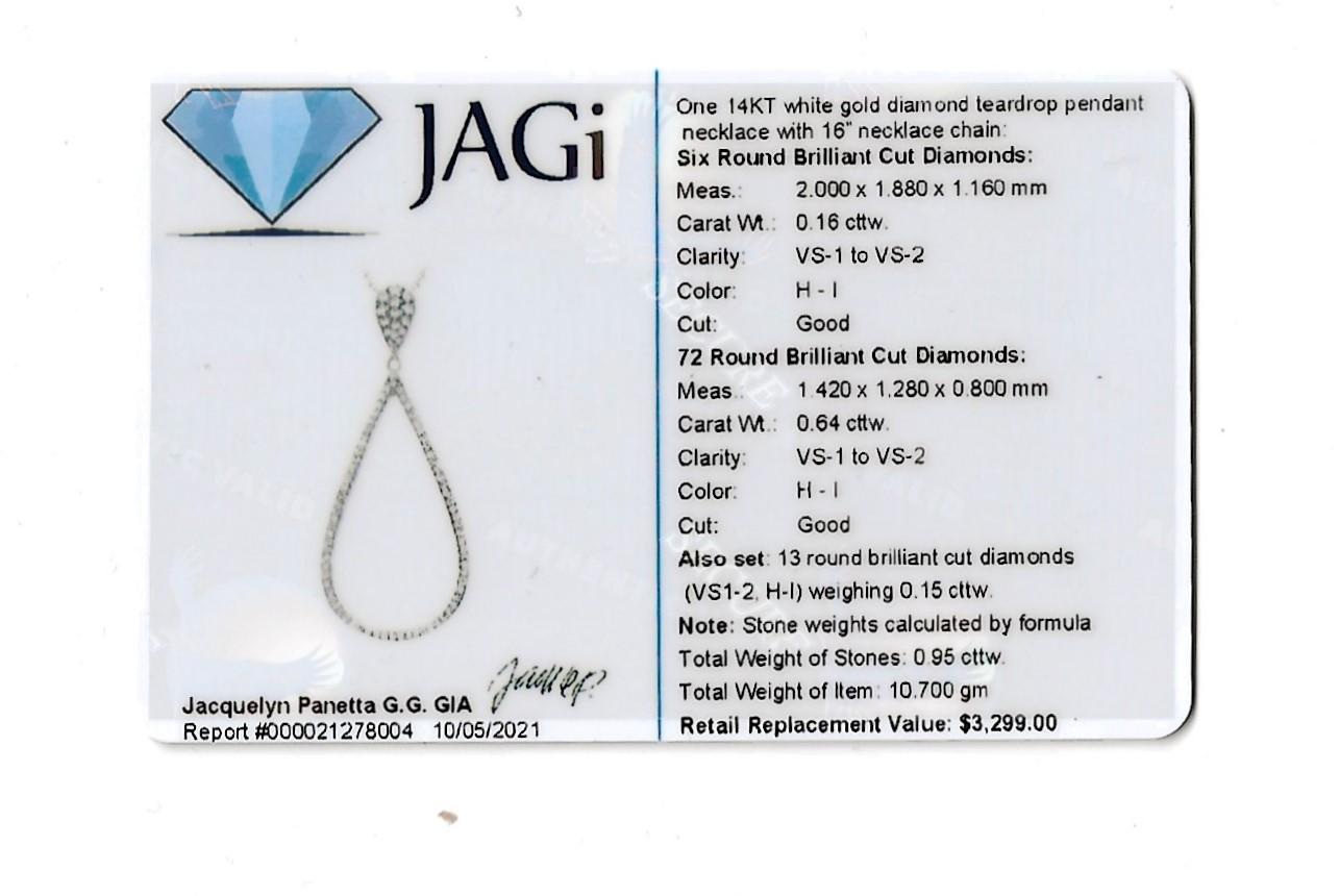 .95 Carat Total Pave Diamond Open Teardrop Pendant Necklace 14 Karat White Gold For Sale 4