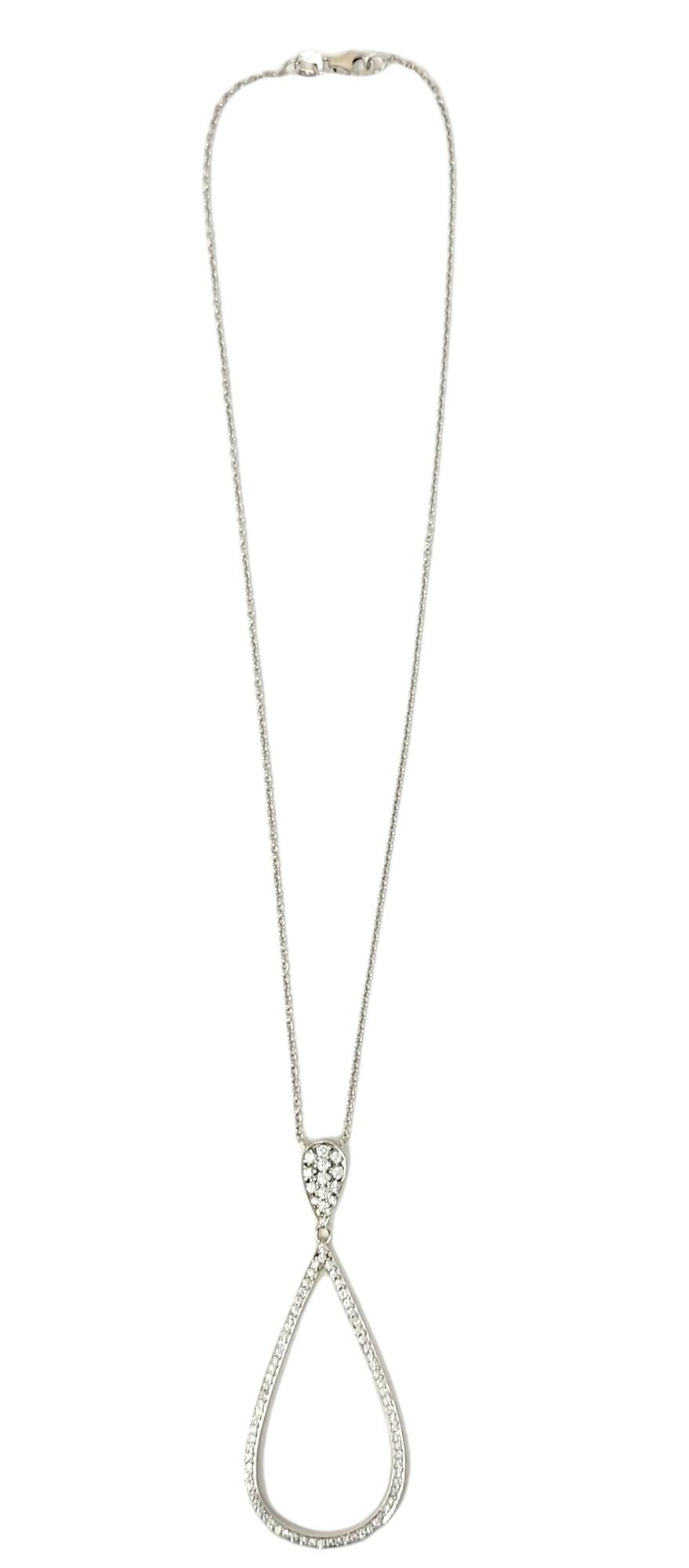 Contemporary .95 Carat Total Pave Diamond Open Teardrop Pendant Necklace 14 Karat White Gold For Sale