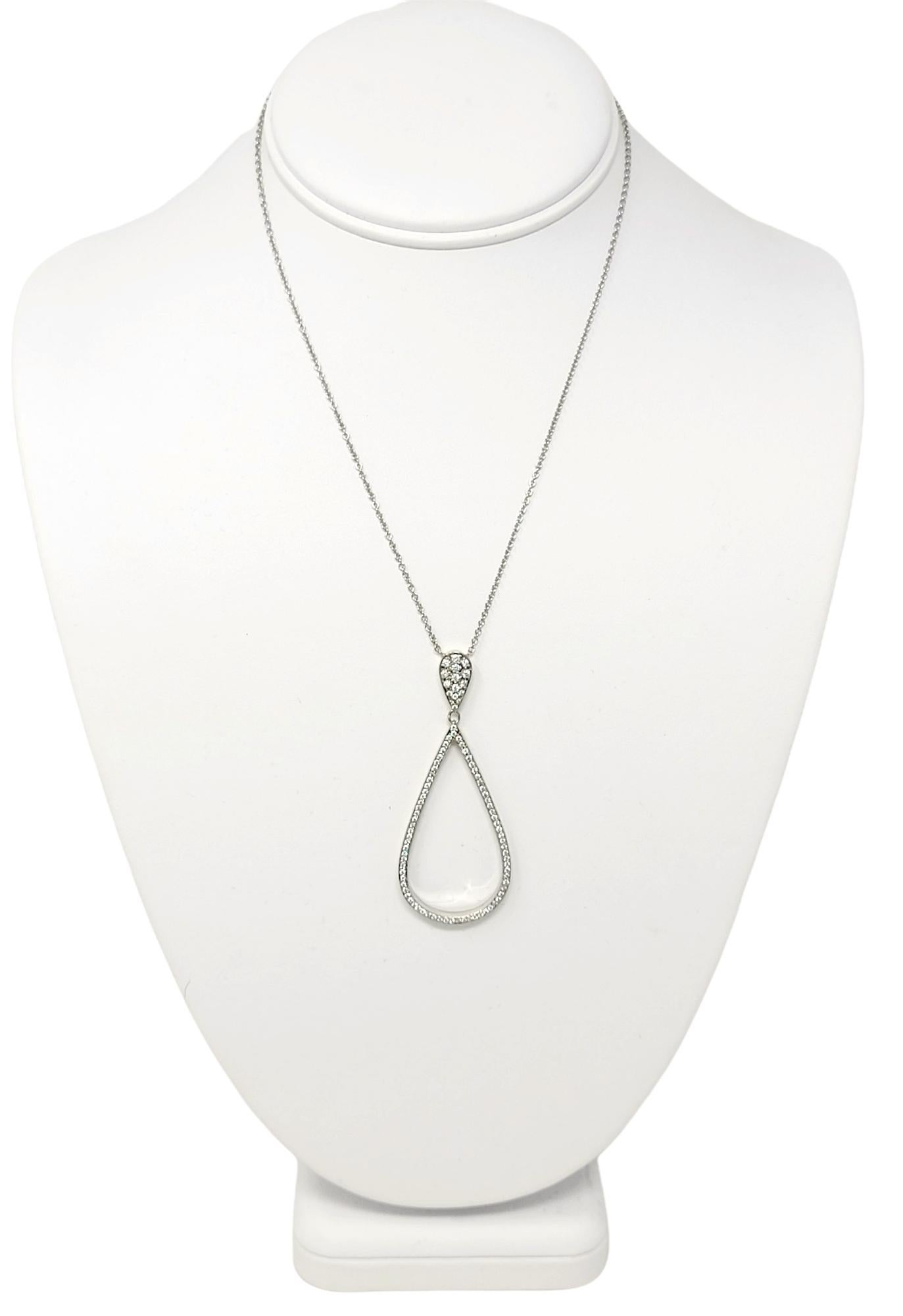 Round Cut .95 Carat Total Pave Diamond Open Teardrop Pendant Necklace 14 Karat White Gold For Sale