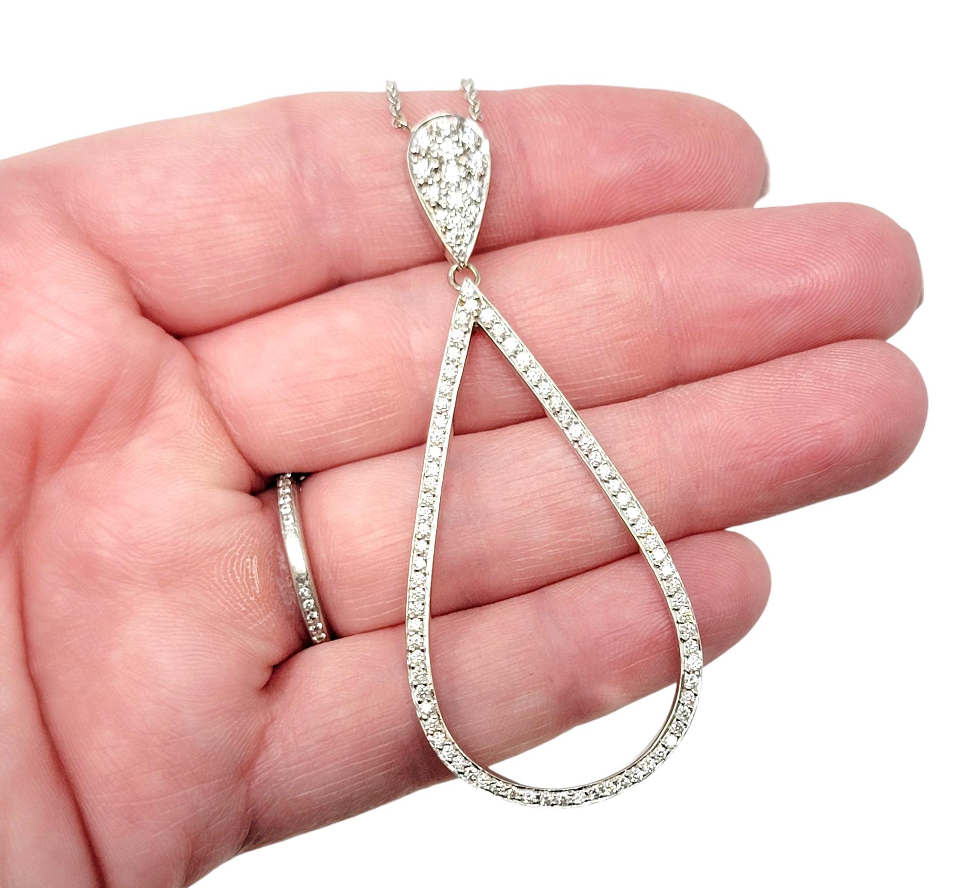.95 Carat Total Pave Diamond Open Teardrop Pendant Necklace 14 Karat White Gold In Good Condition For Sale In Scottsdale, AZ