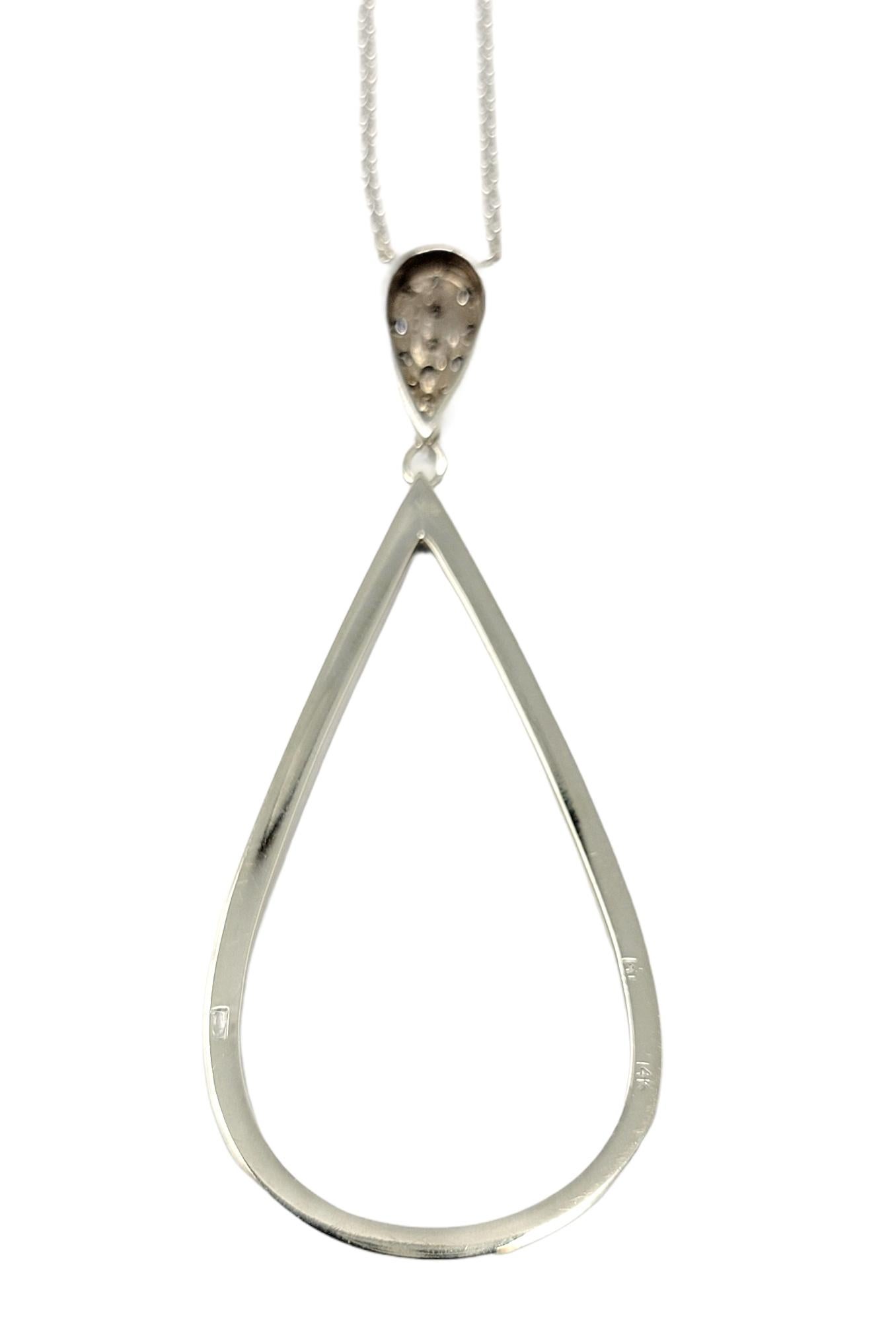 .95 Carat Total Pave Diamond Open Teardrop Pendant Necklace 14 Karat White Gold For Sale 1